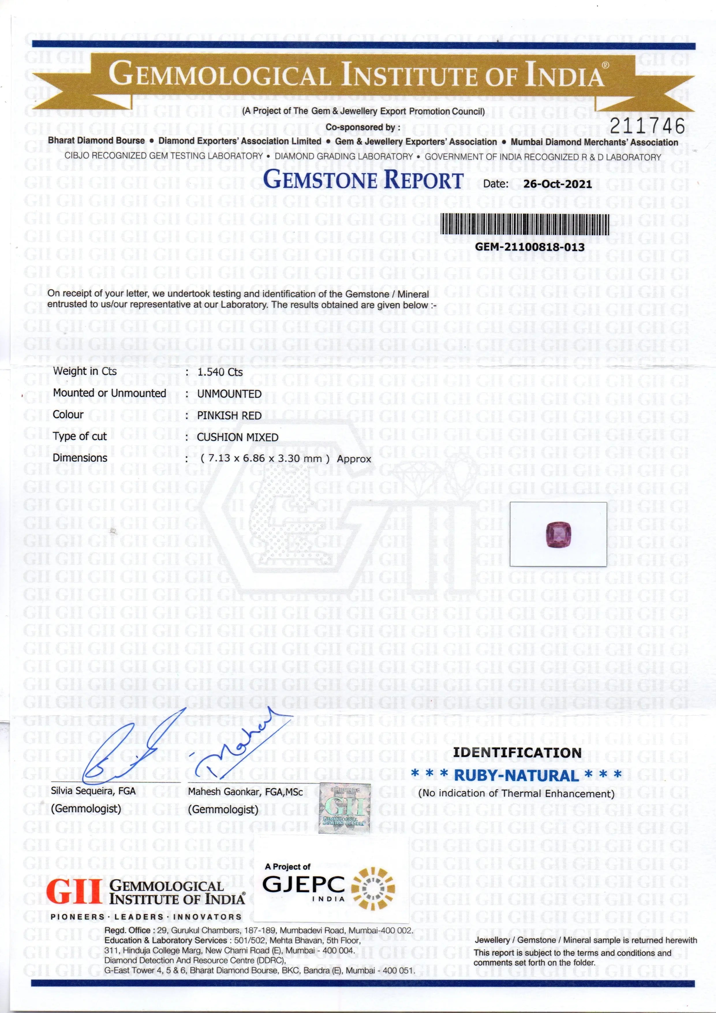 1.54 Ct GII Certified Unheated Untreted Natural Madagaskar Ruby Gems