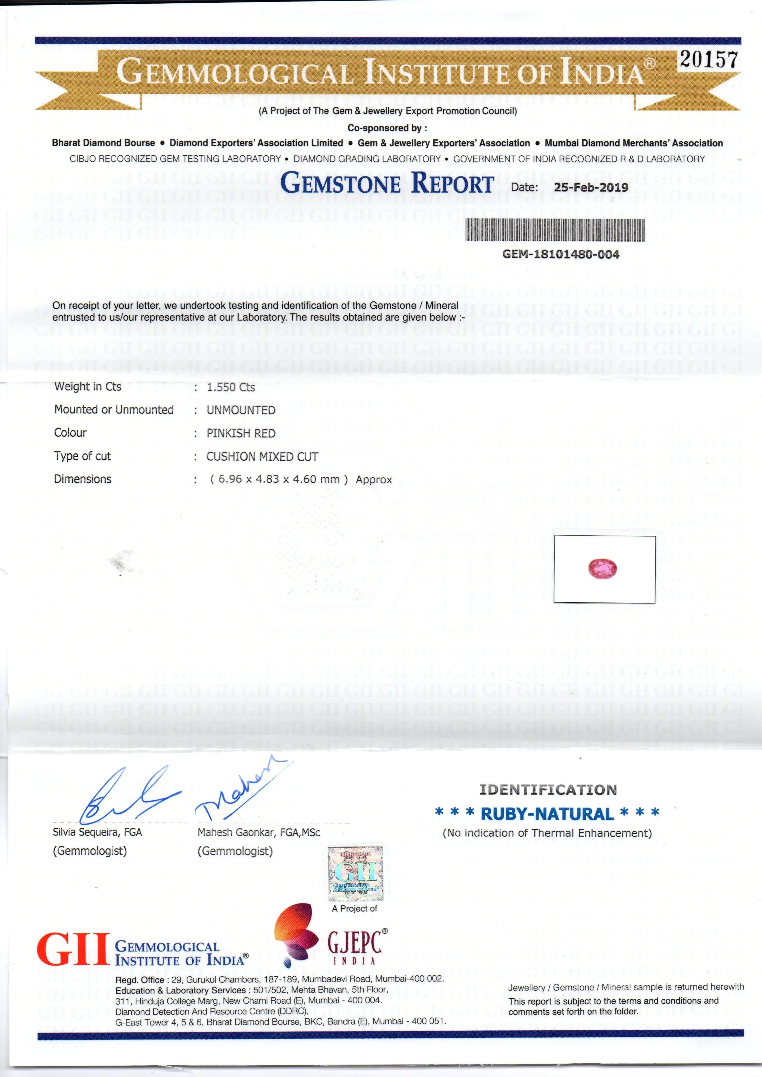 1.55 Ct GII Certified Unheated Untreated Natural Madagaskar Ruby AAA