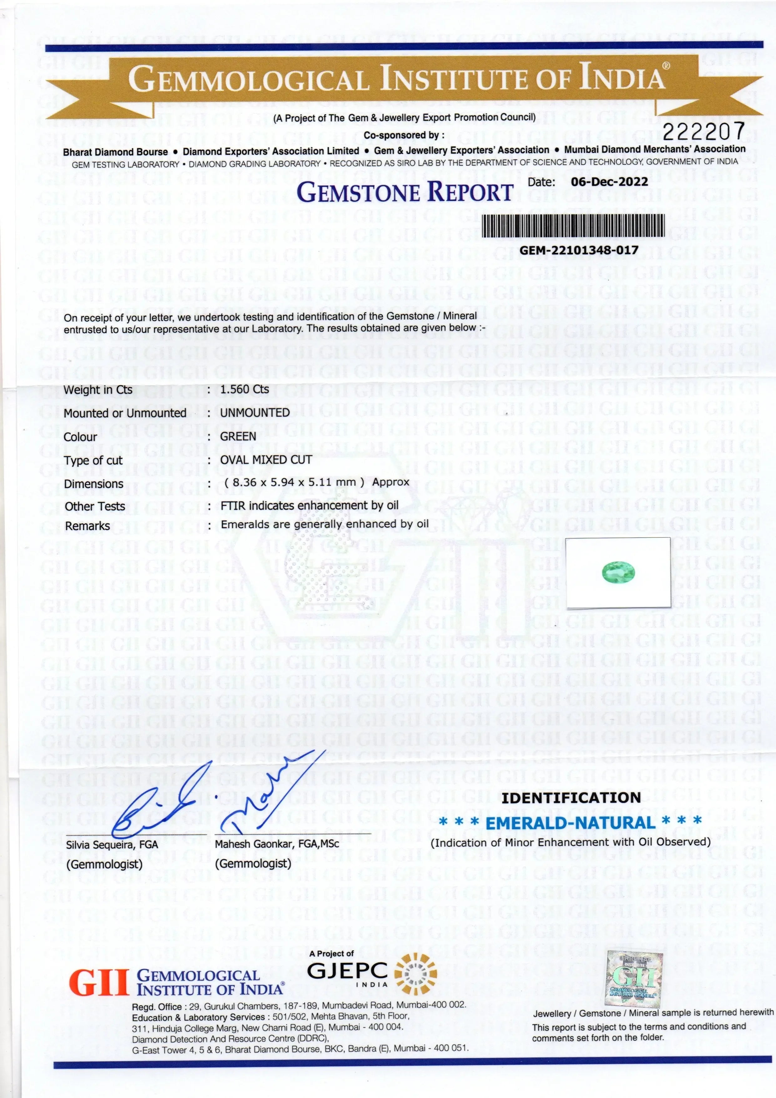 1.56 Ct GII Certified Untreated Natural Colombian Emerald Gemstone AAA - Venus Gems