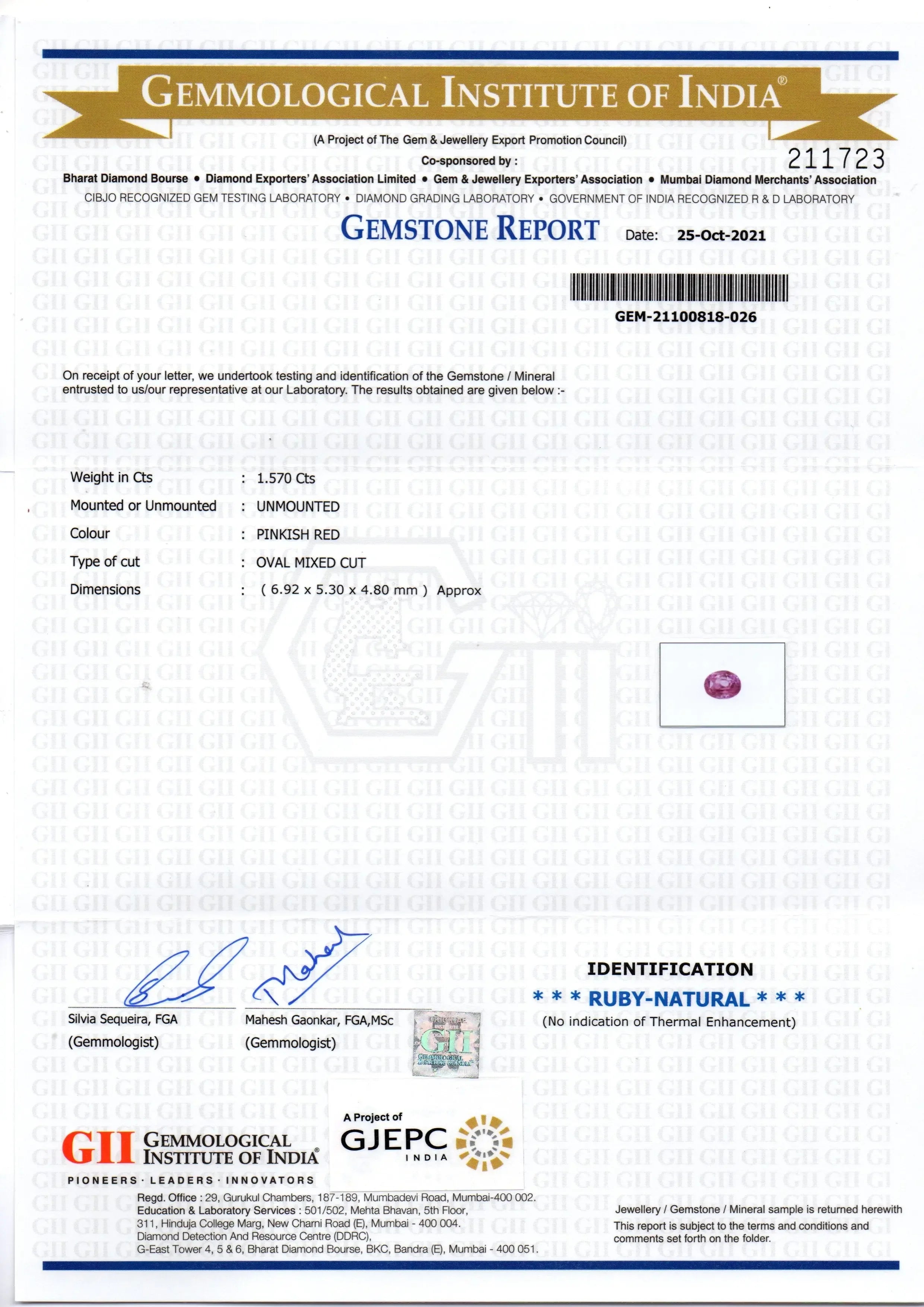 1.57 Ct GII Certified Unheated Untreted Natural Madagaskar Ruby Gems - Venus Gems