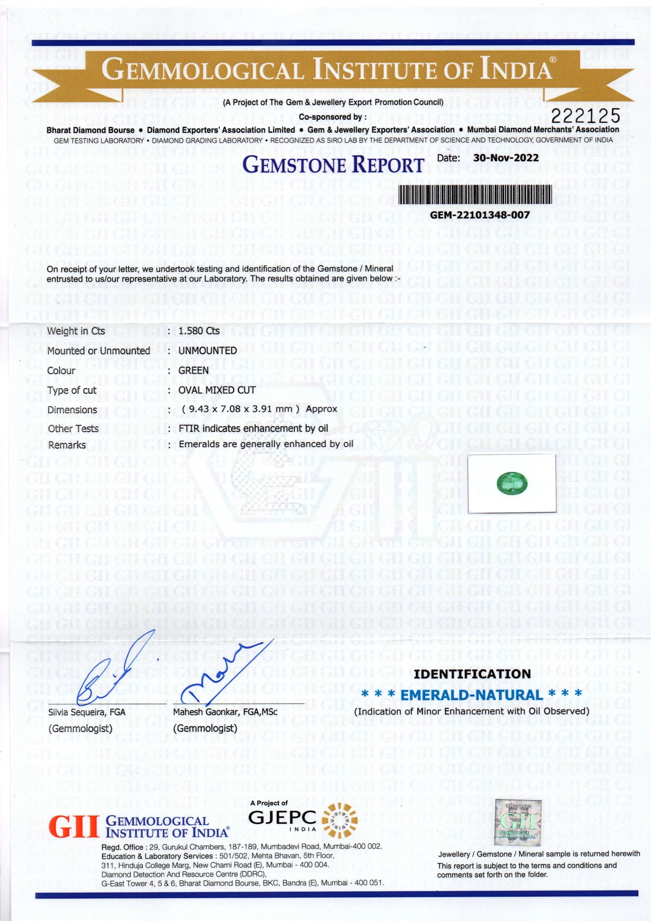 1.58 Ct GII Certified Untreated Natural Zambian Emerald Gemstone AAA