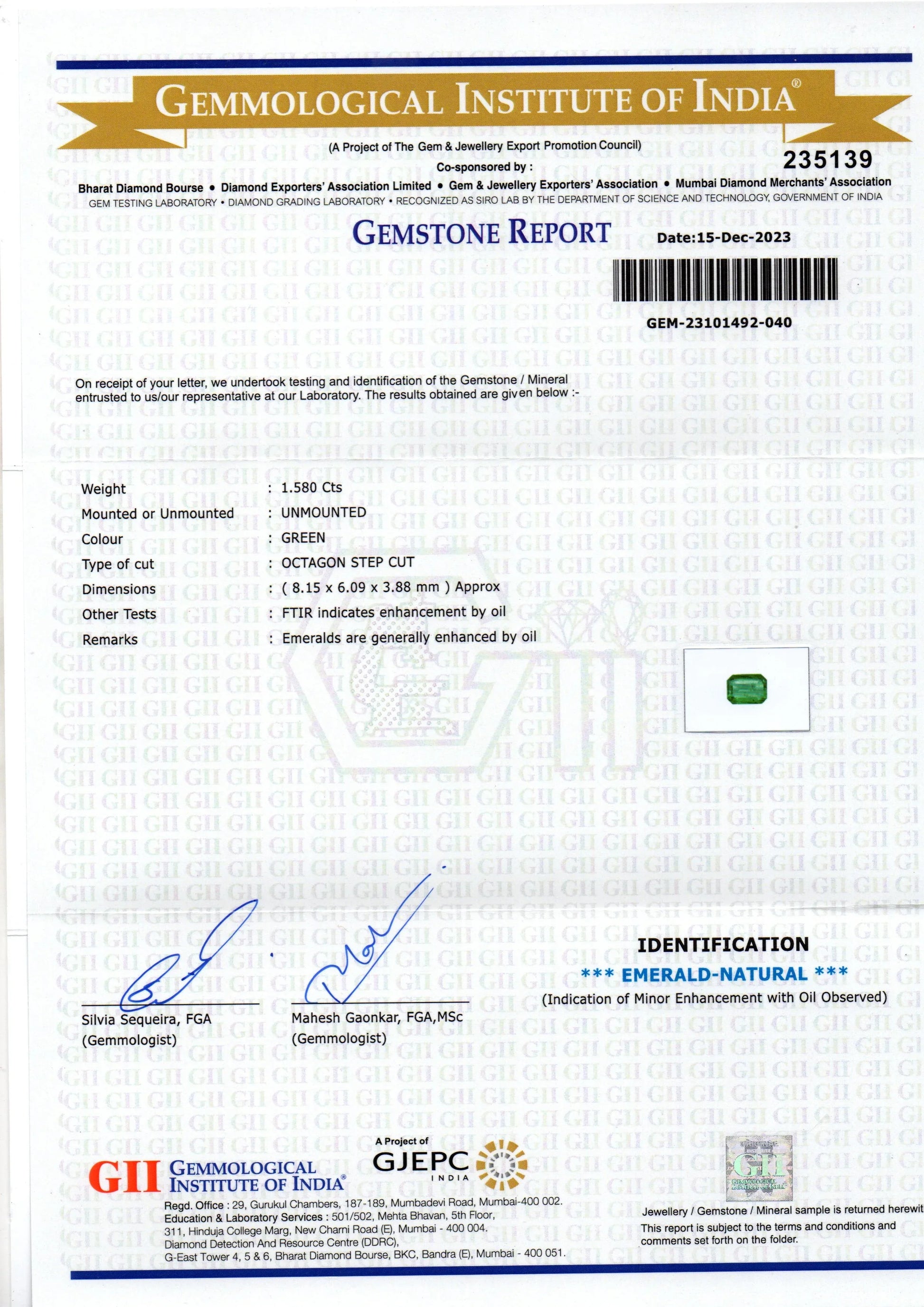 1.58 Ct GII Certified Untreated Natural Zambian Emerald Panna AAA - Venus Gems