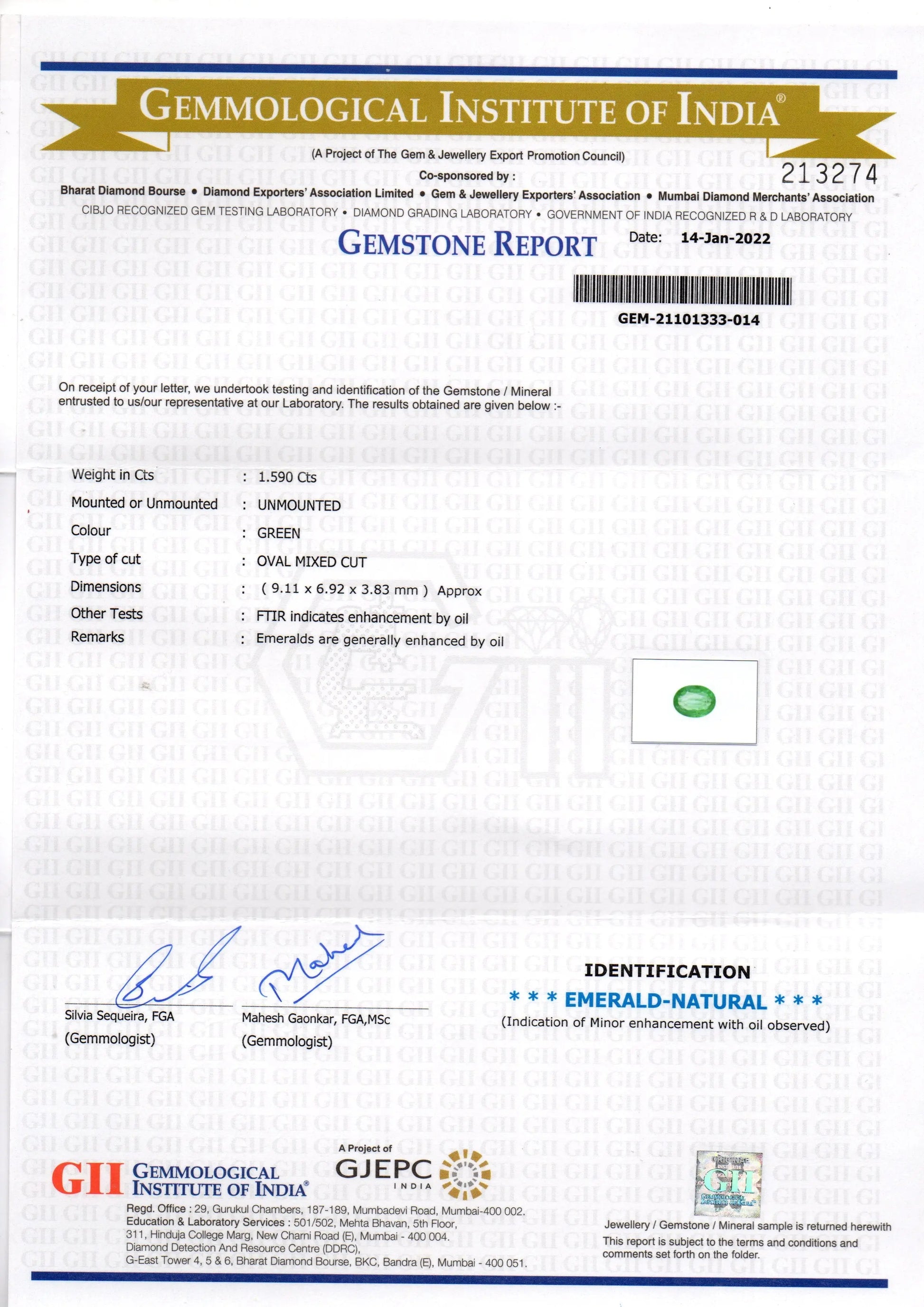 1.59 Ct GII Certified Untreated Natural Zambian Emerald Gemstone