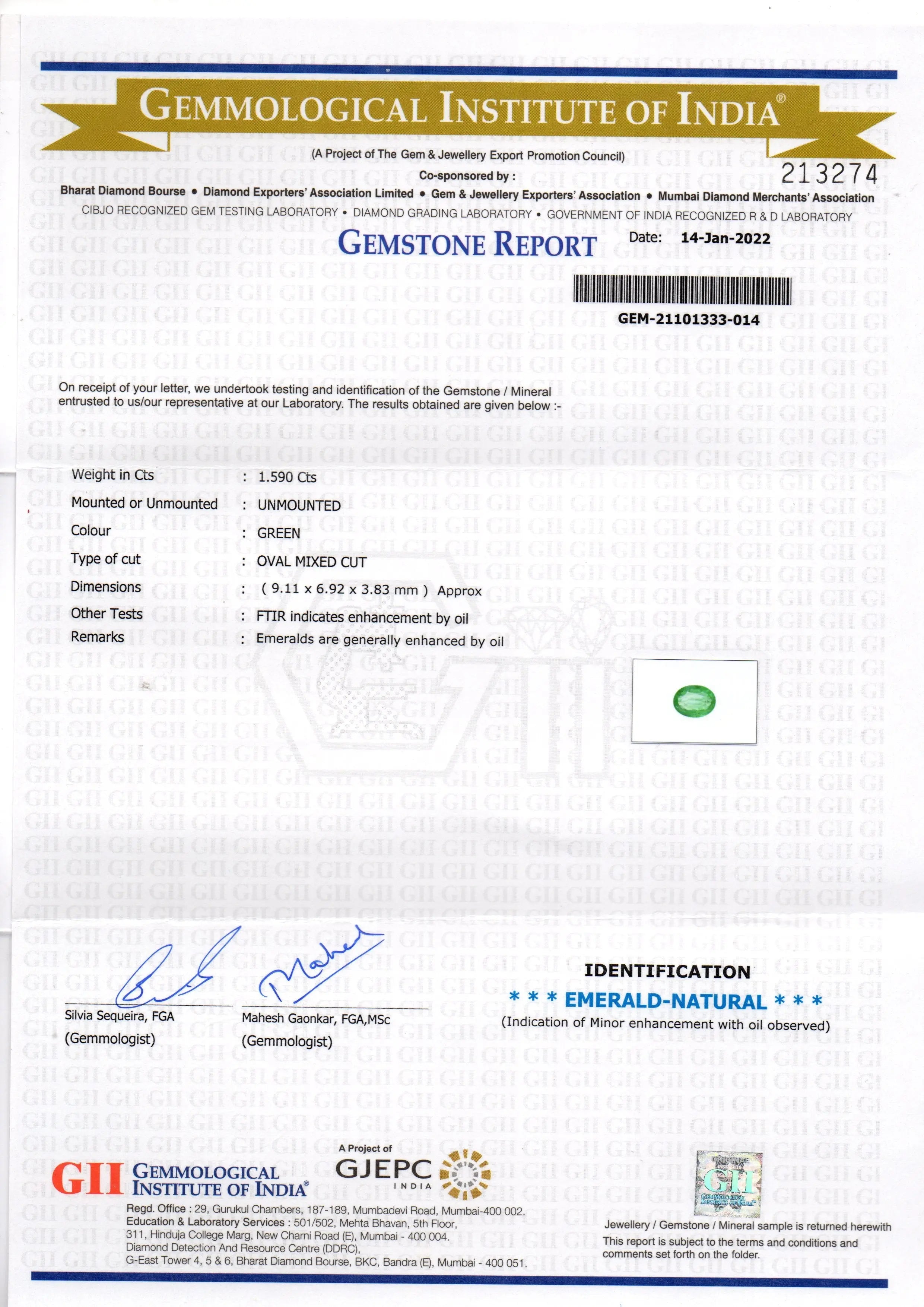 1.59 Ct GII Certified Untreated Natural Zambian Emerald Gemstone