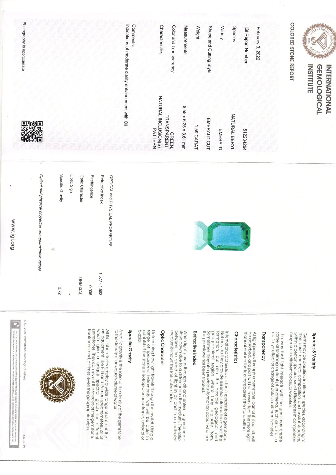 1.59 Ct IGI Certified Untreated Natural Zambian Emerald Gemstone AAA