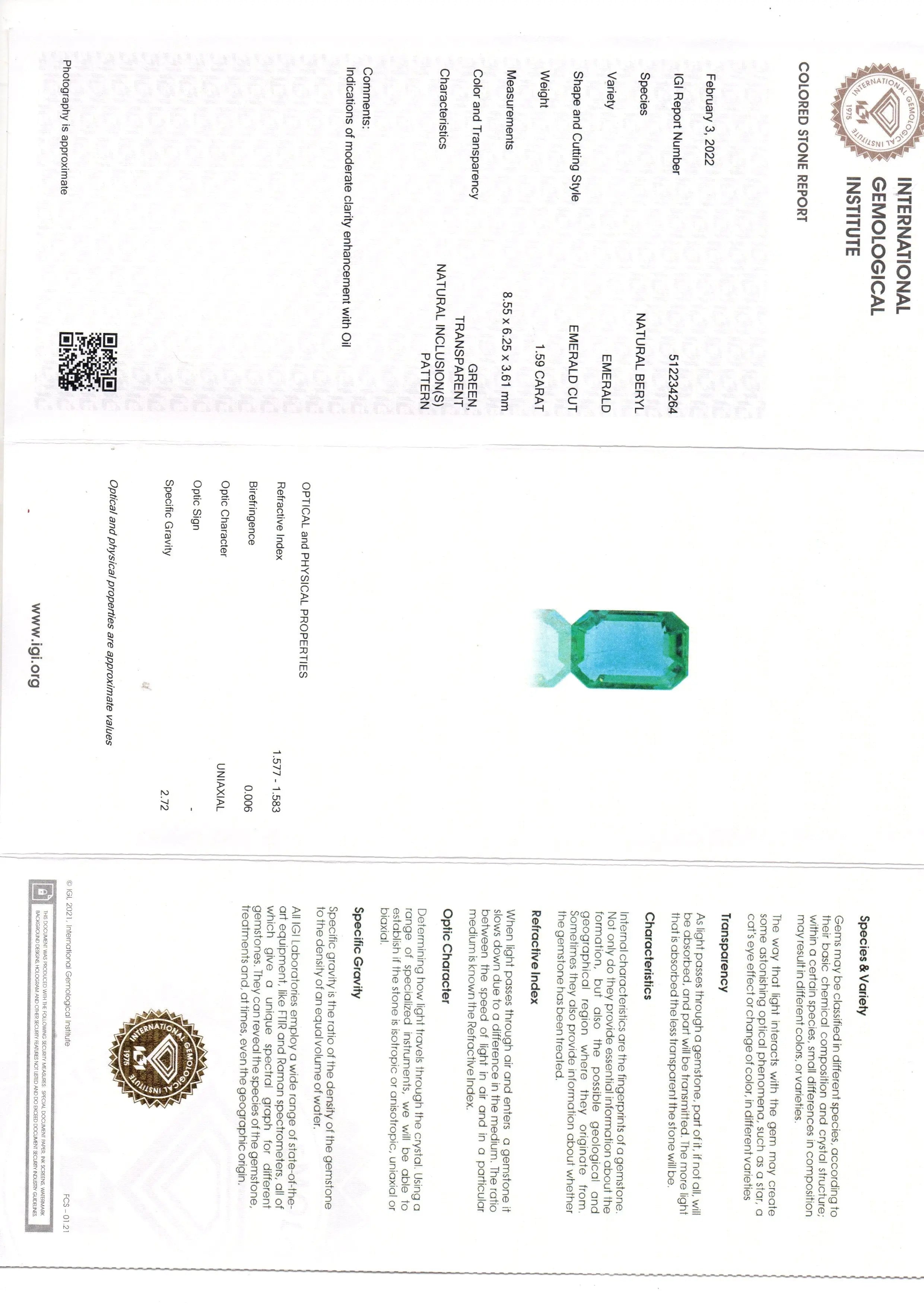 1.59 Ct IGI Certified Untreated Natural Zambian Emerald Gemstone AAA