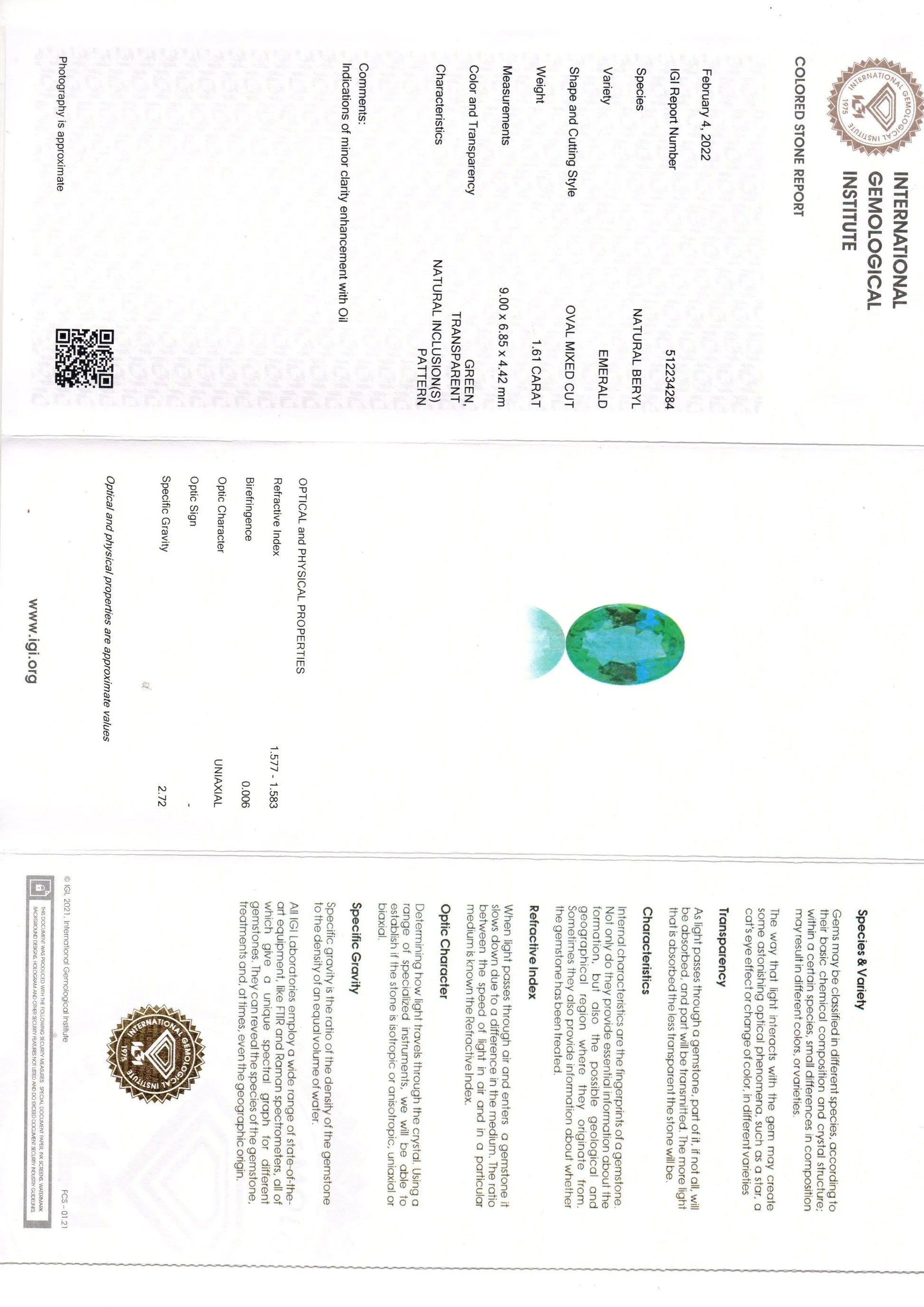 1.61 Ct IGI Certified Untreated Natural Zambian Emerald Gemstone AAA