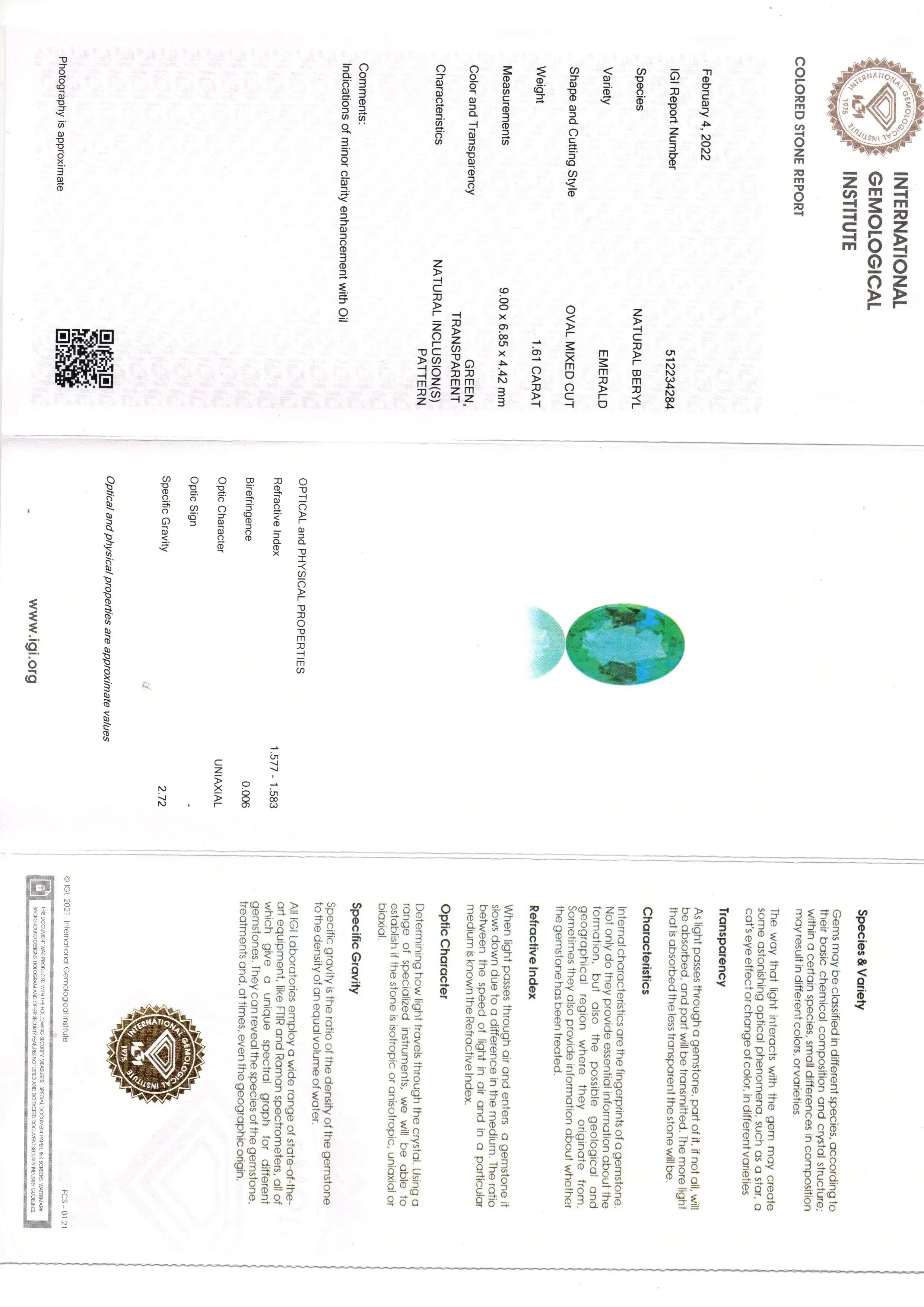 1.61 Ct IGI Certified Untreated Natural Zambian Emerald Gemstone AAA