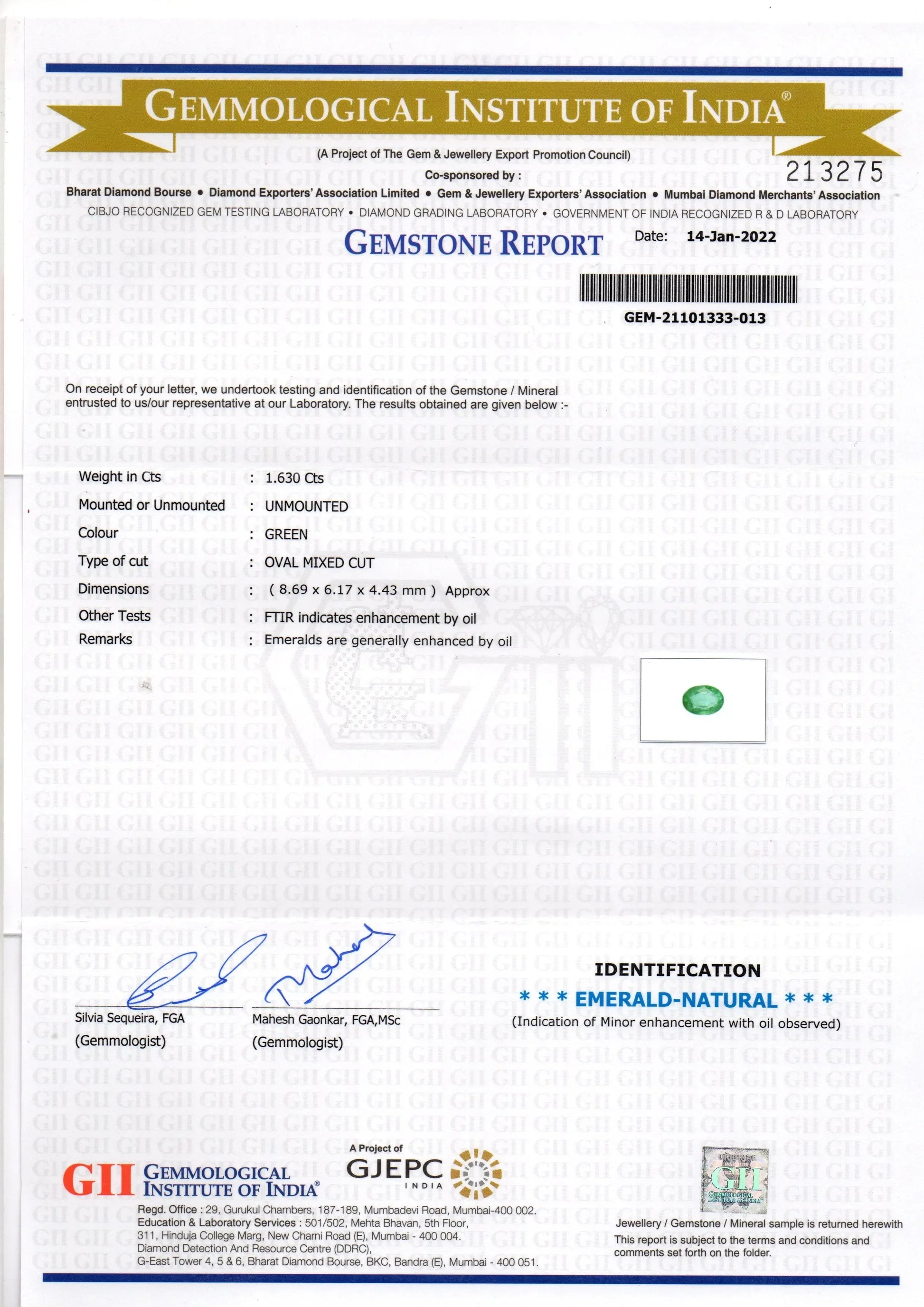 1.63 Ct GII Certified Untreated Natural Zambian Emerald Gemstone - Venus Gems