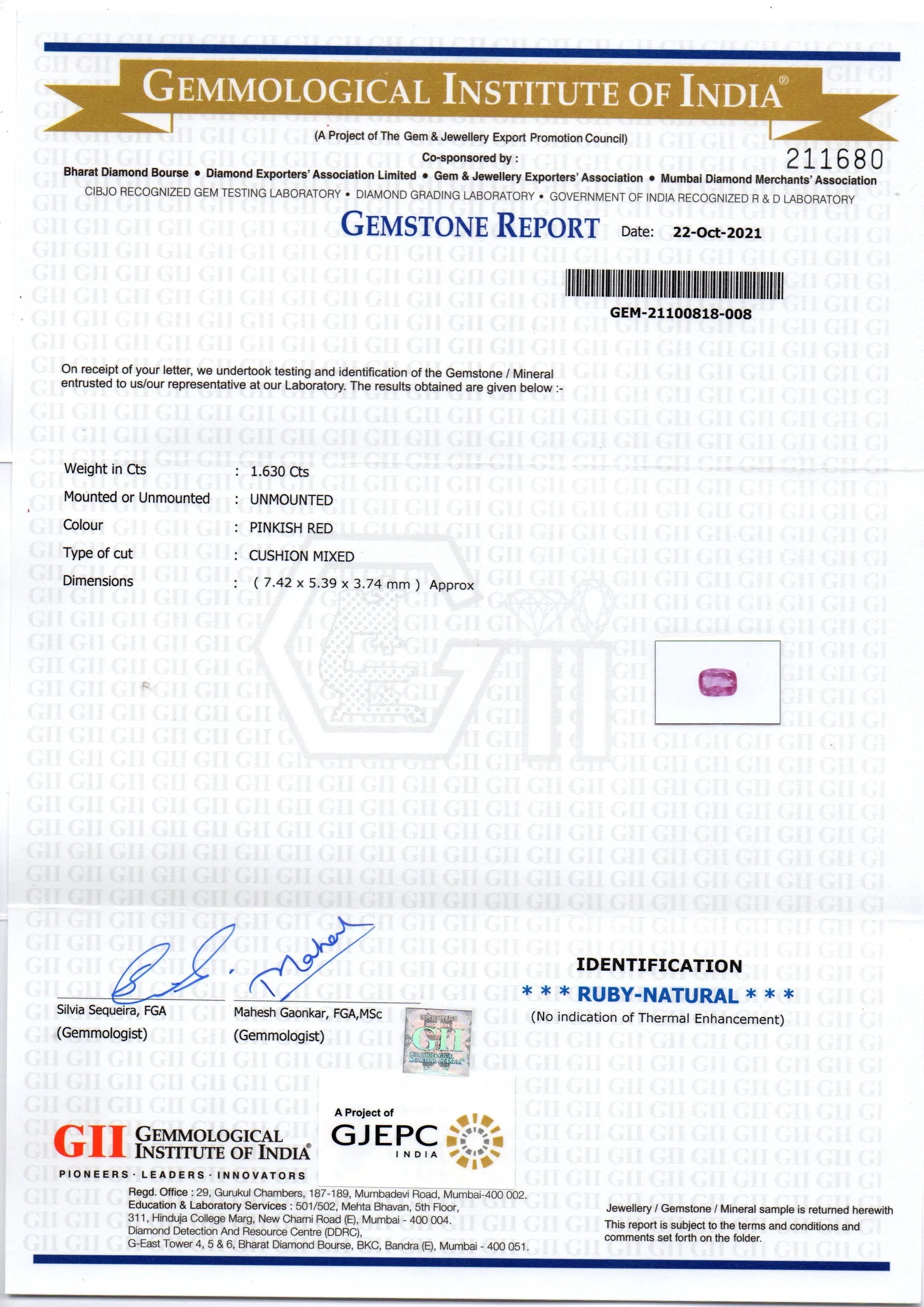 1.63 Ct GII Certified Unheated Untreted Natural Madagaskar Ruby Gems