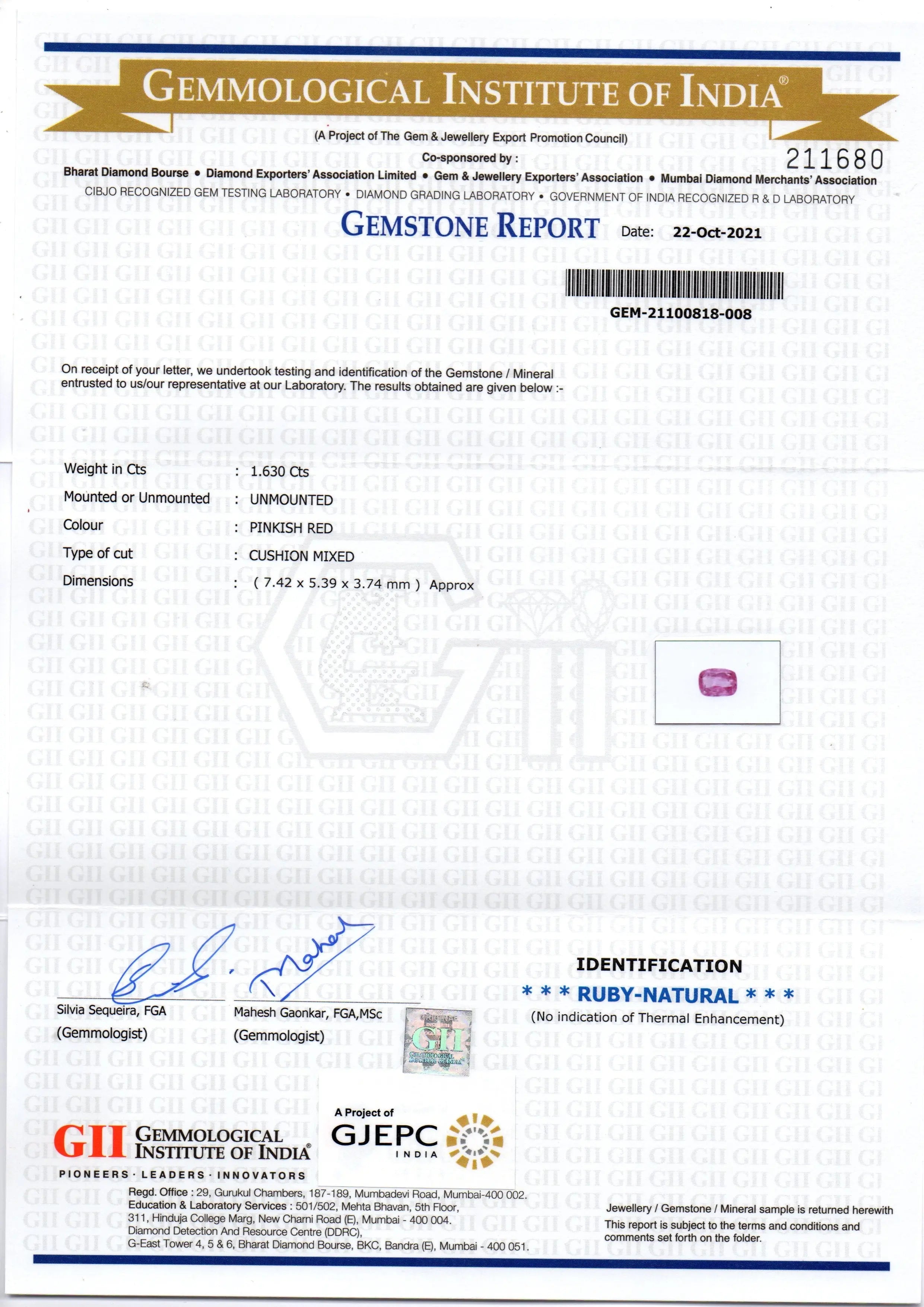 1.63 Ct GII Certified Unheated Untreted Natural Madagaskar Ruby Gems