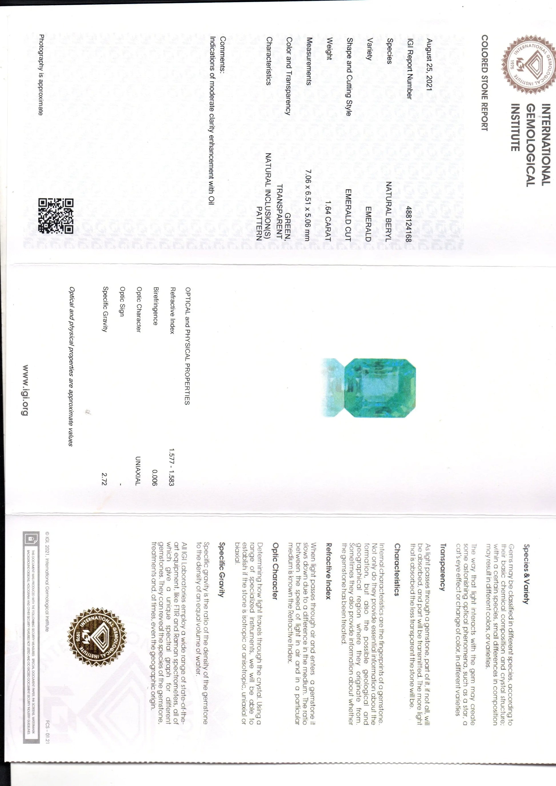 1.64 Ct IGI Certified Untreated Natural Zambian Emerald Gems AAA