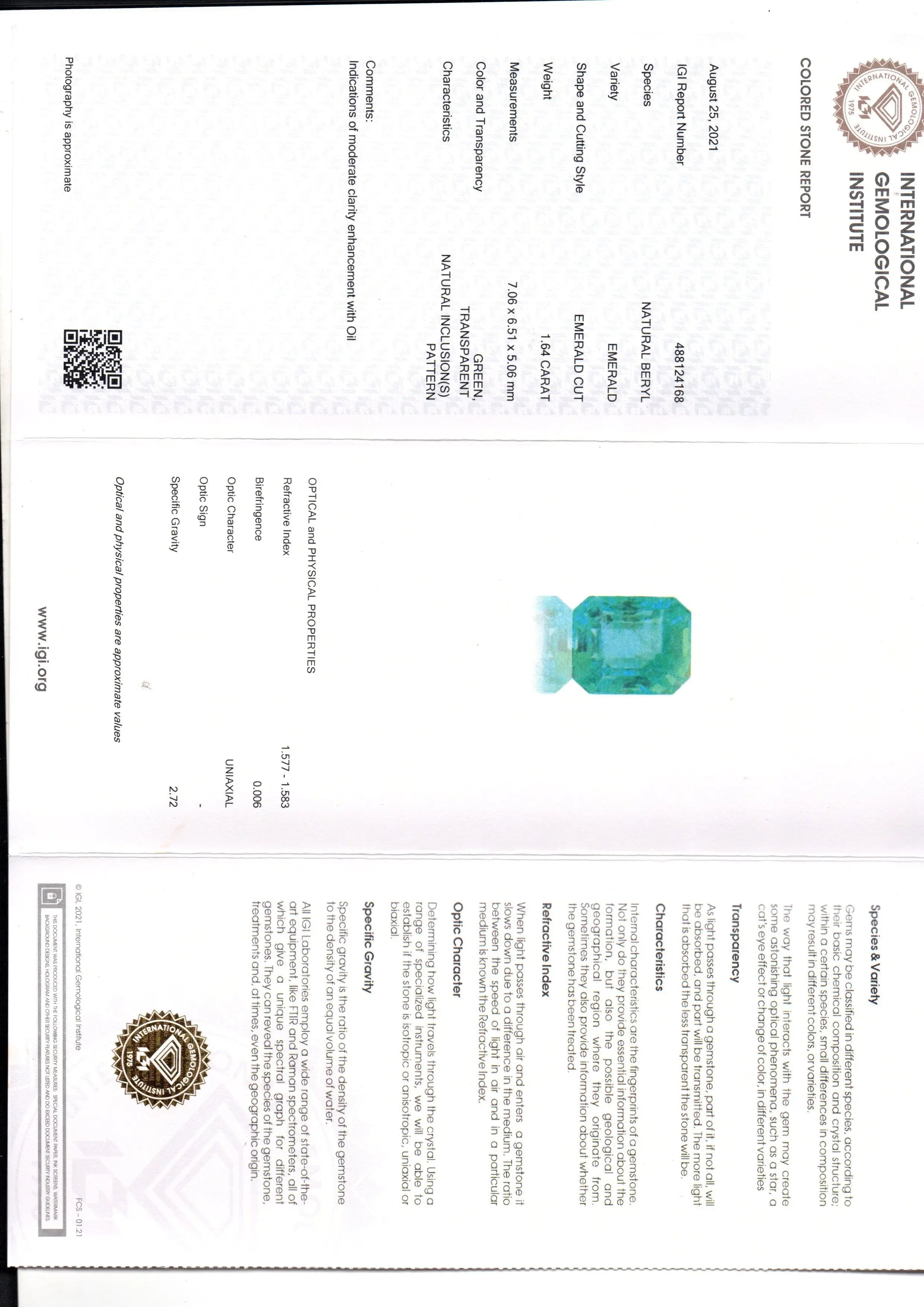 1.64 Ct IGI Certified Untreated Natural Zambian Emerald Gems AAA