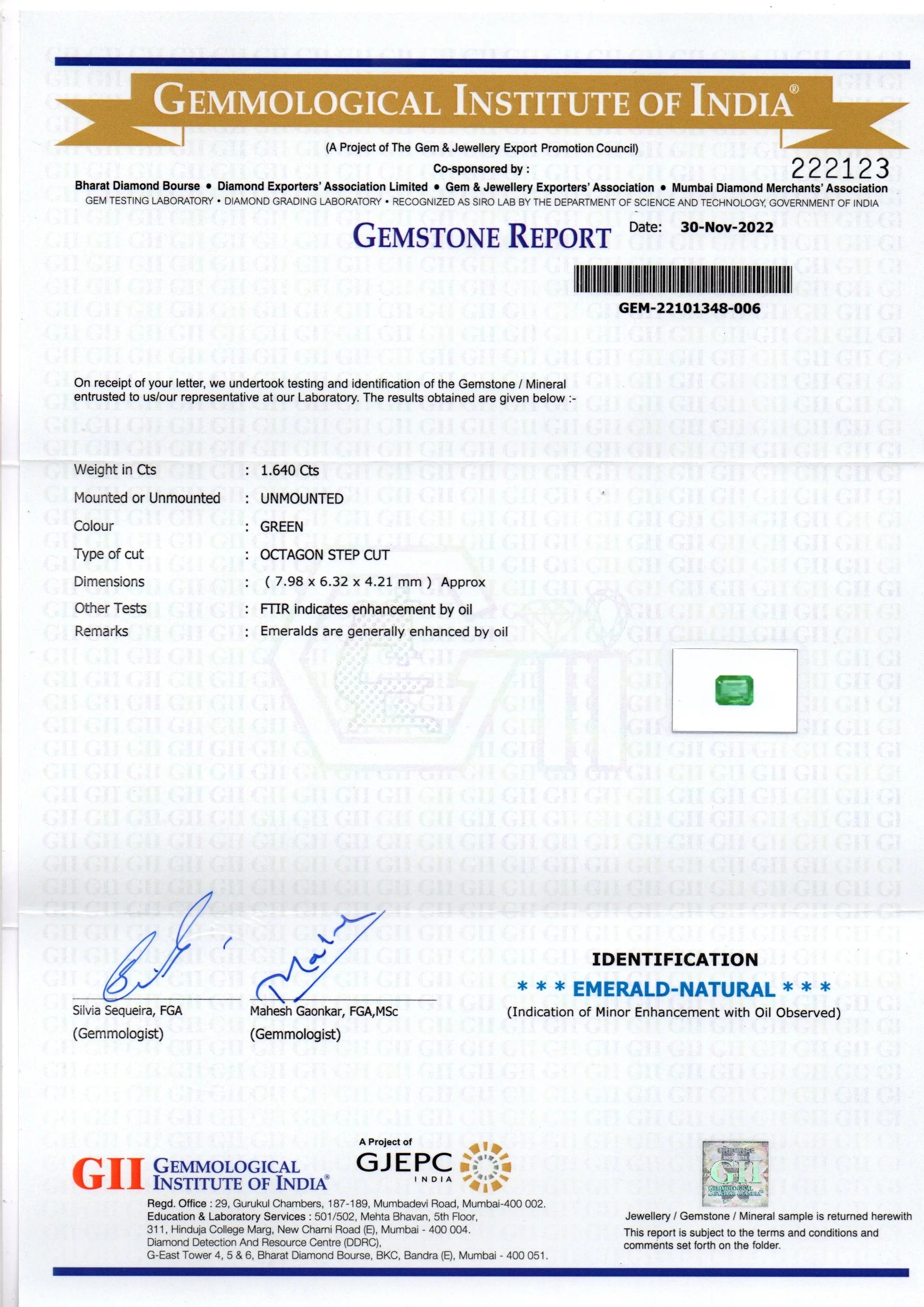 1.64 Ct GII Certified Untreated Natural Zambian Emerald Gemstone AAA