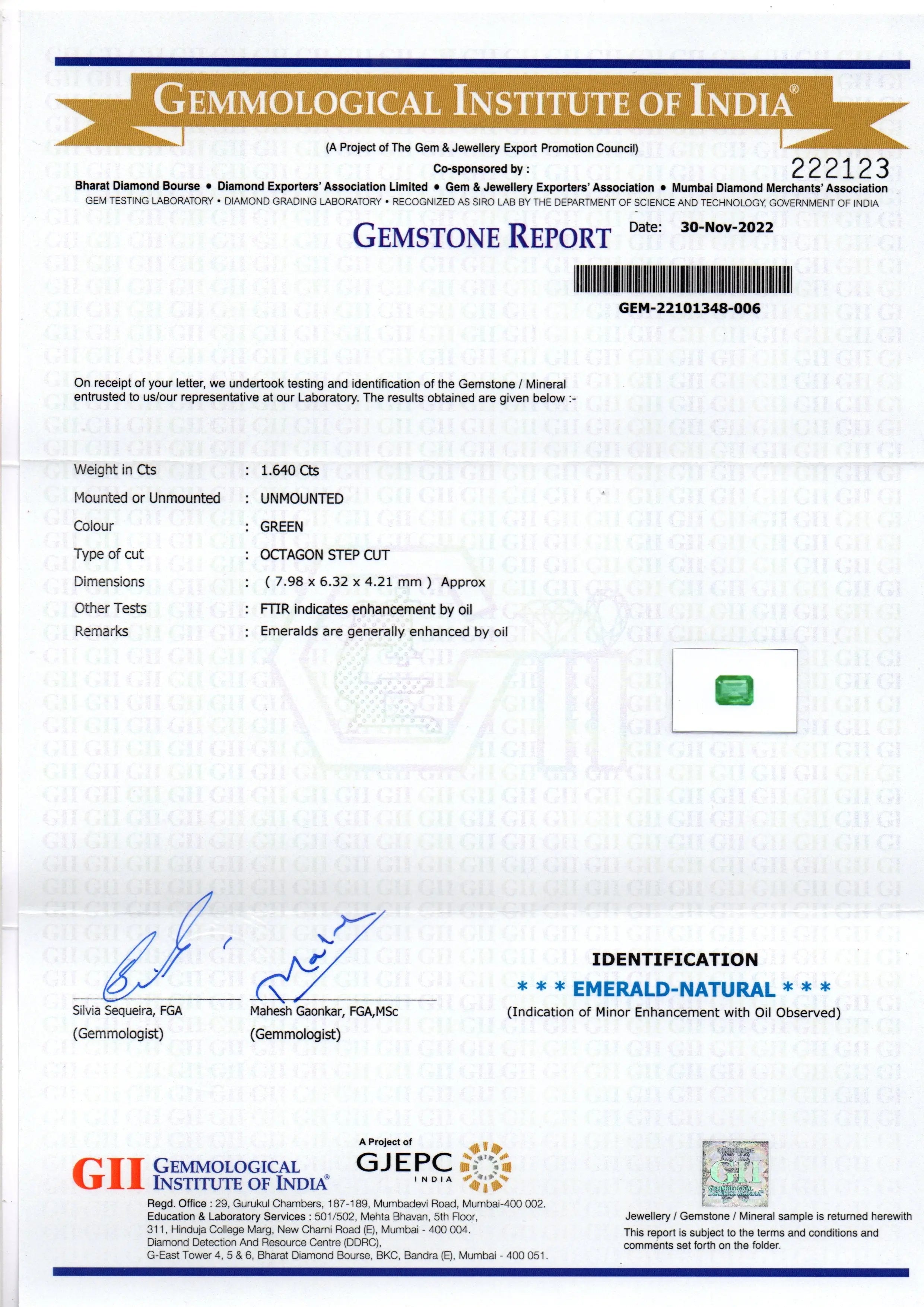 1.64 Ct GII Certified Untreated Natural Zambian Emerald Gemstone AAA