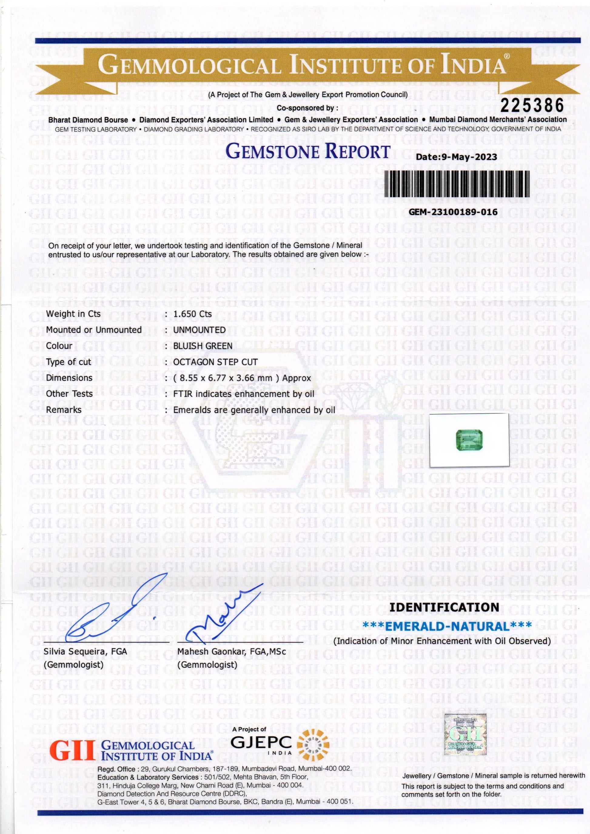 1.65 Ct GII Certified Untreated Natural Zambian Emerald Gemstone Panna