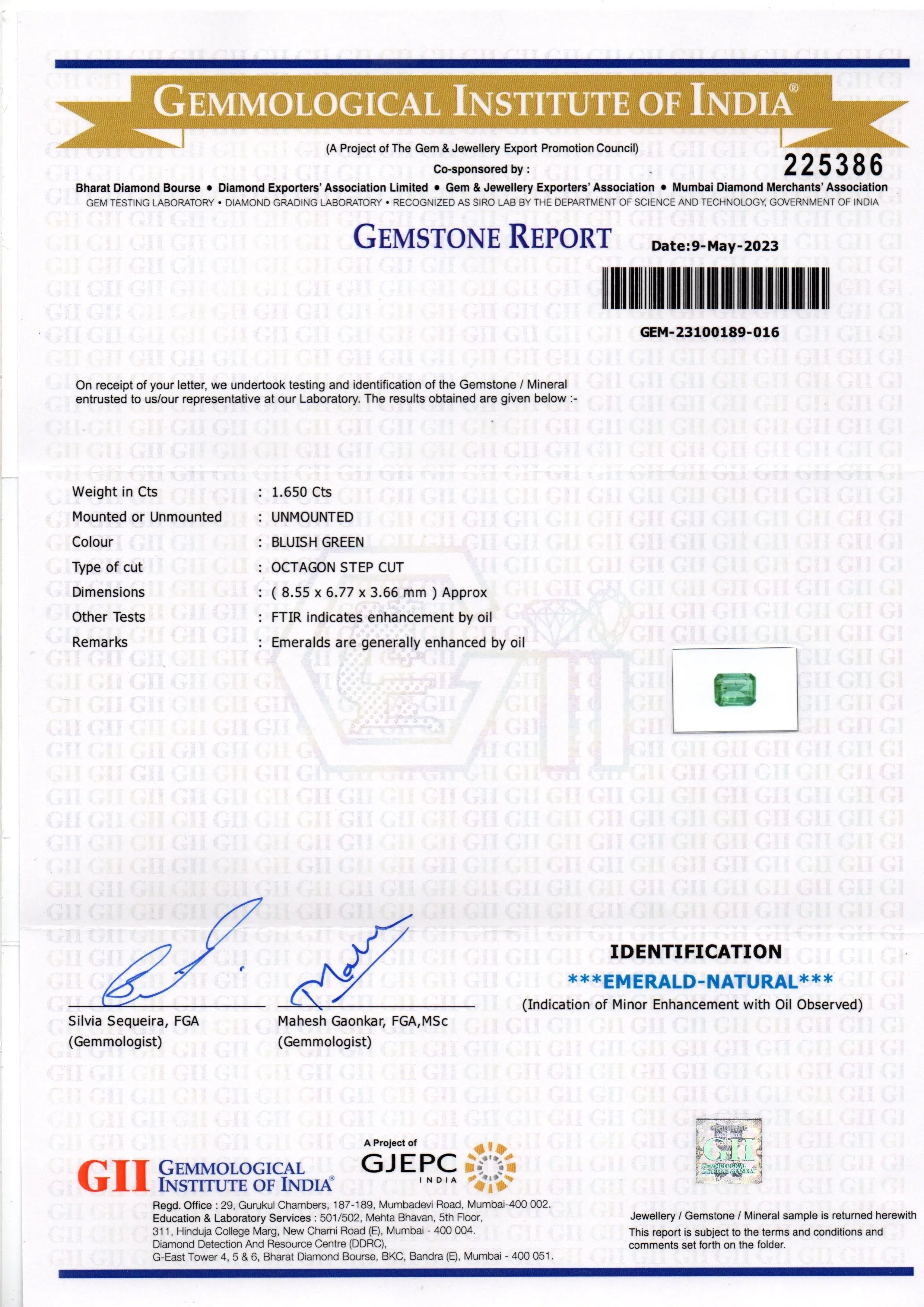 1.65 Ct GII Certified Untreated Natural Zambian Emerald Gemstone Panna