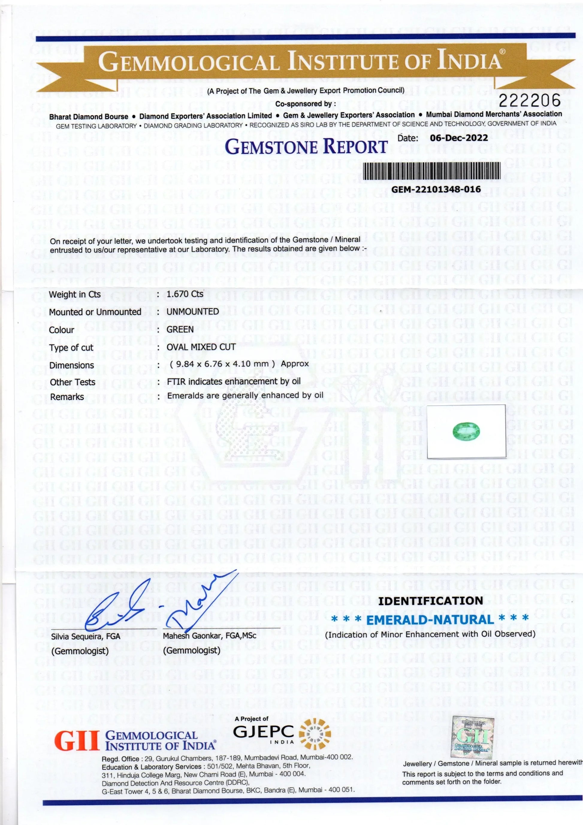 1.67 Ct GII Certified Untreated Natural Colombian Emerald Gemstone AAA - Venus Gems