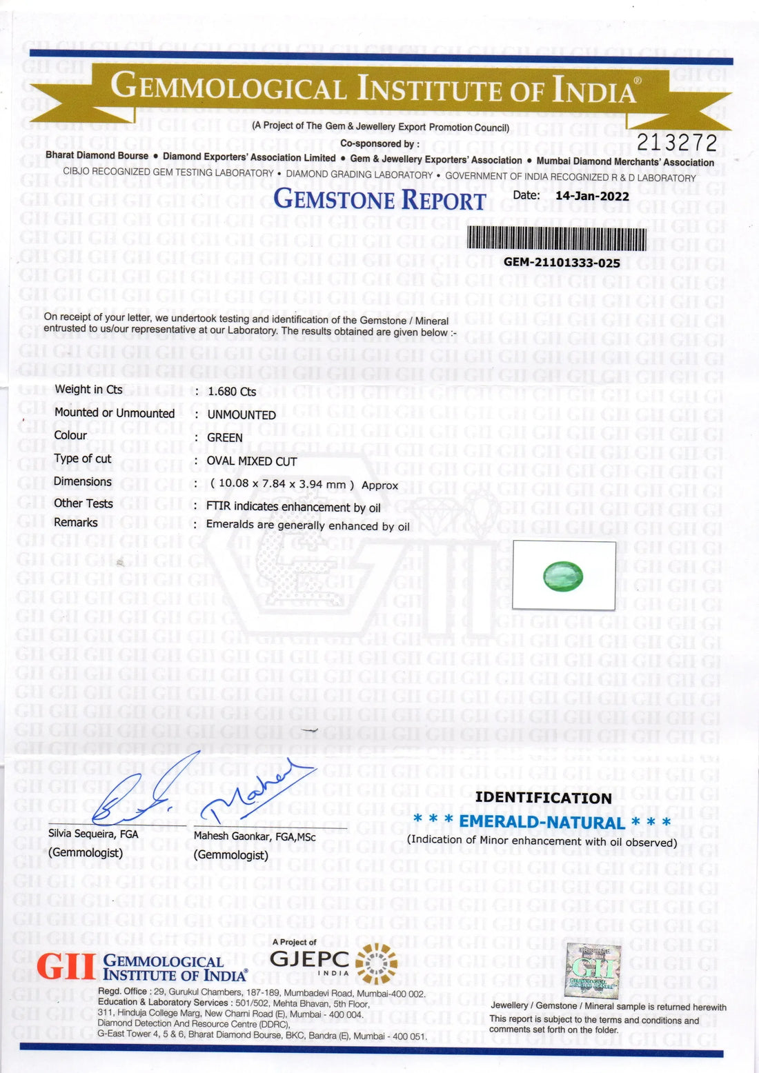 1.68 Ct GII Certified Untreated Natural Zambian Emerald Gemstone - Venus Gems