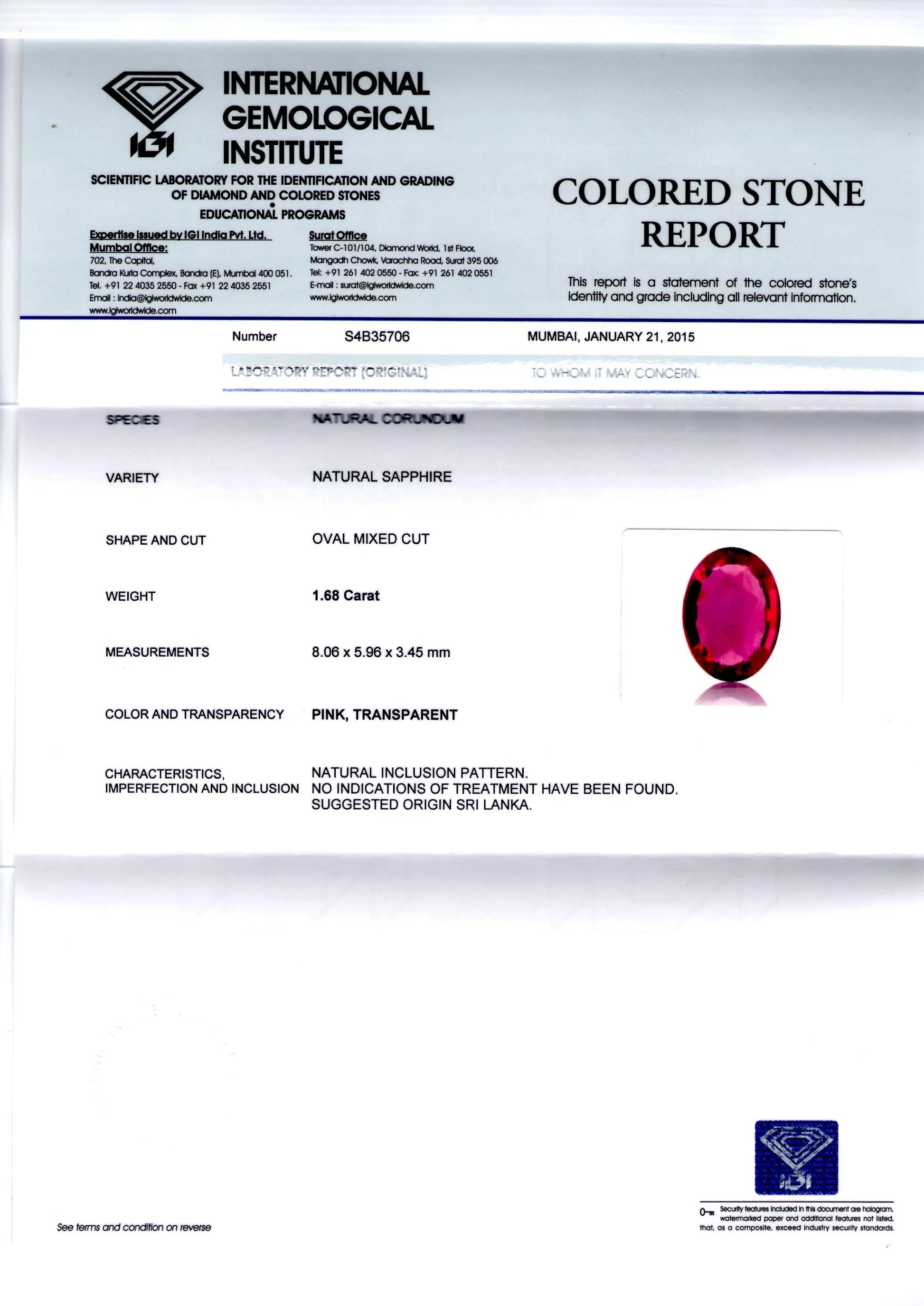 1.68 Ct Certified Unheated Untreated Natural Ceylon Ruby/Sapphire