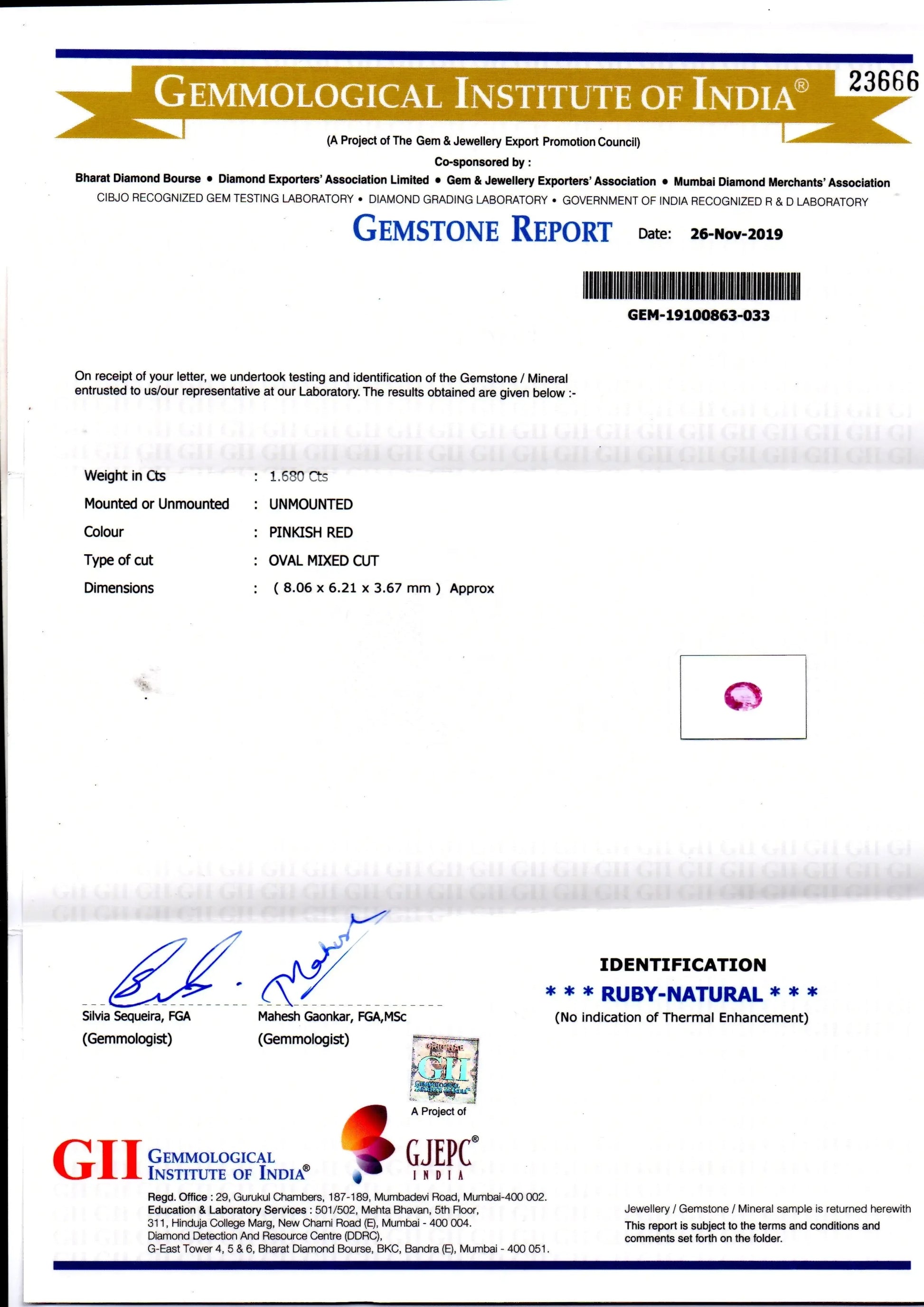 1.68 Ct GII Certified Unheated Untreated Natural Madagaskar Ruby - Venus Gems