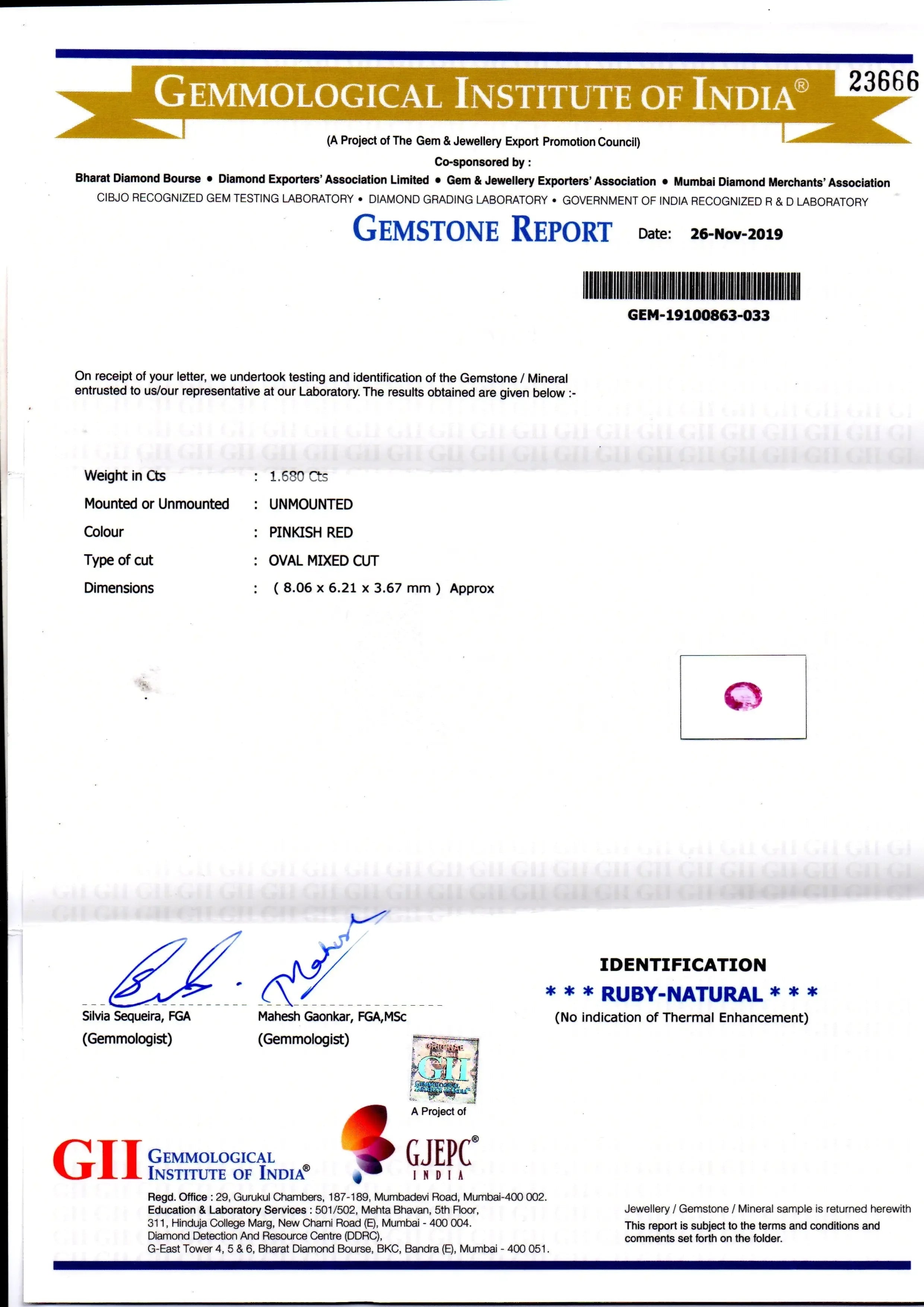 1.68 Ct GII Certified Unheated Untreated Natural Madagaskar Ruby - Venus Gems