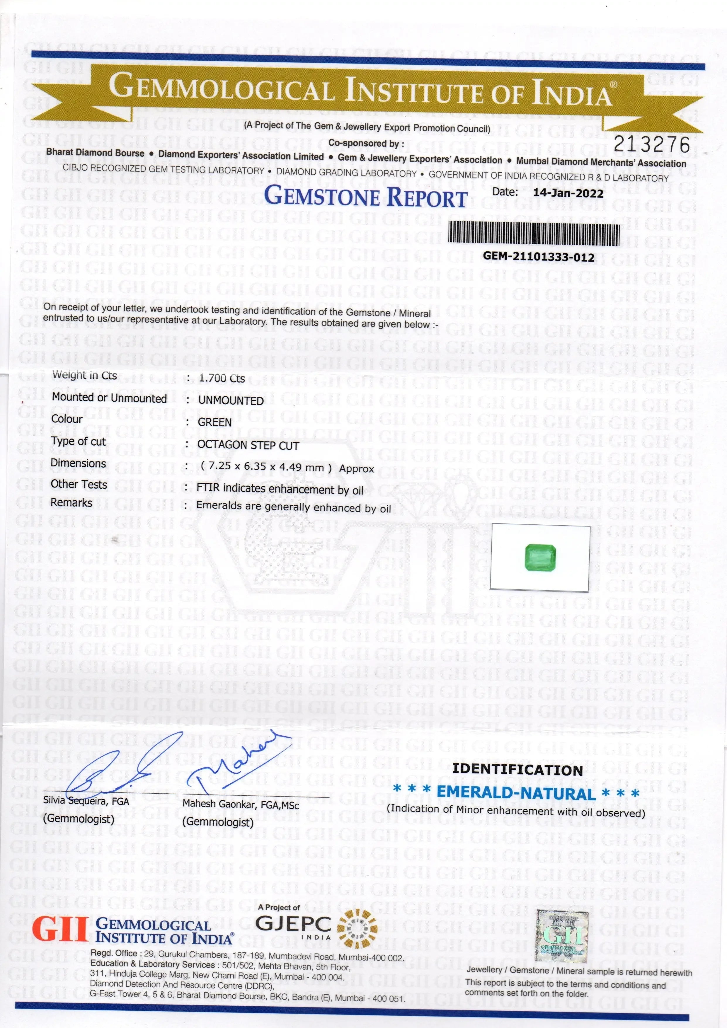 1.70 Ct GII Certified Untreated Natural Zambian Emerald Gemstone - Venus Gems