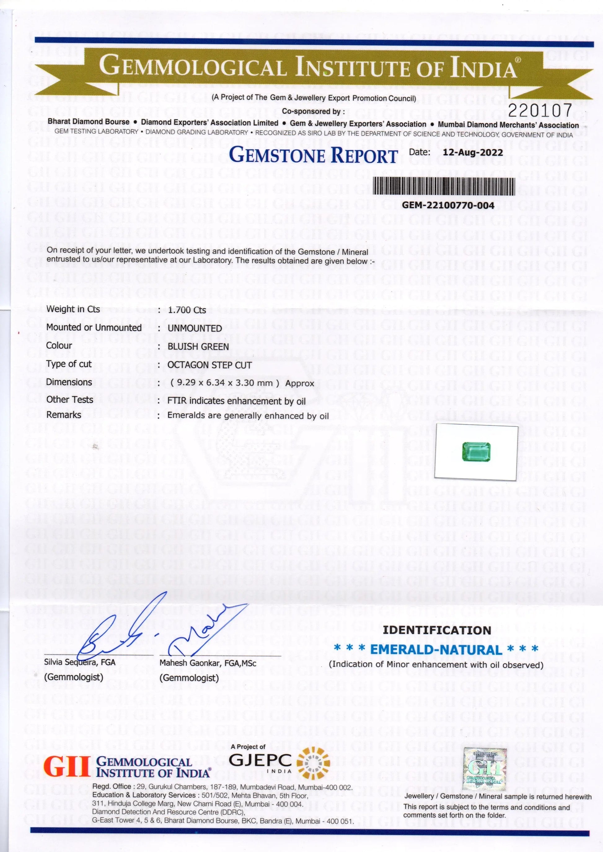 1.70 Ct Certified Untreated Natural Zambian Emerald Gemstone Panna
