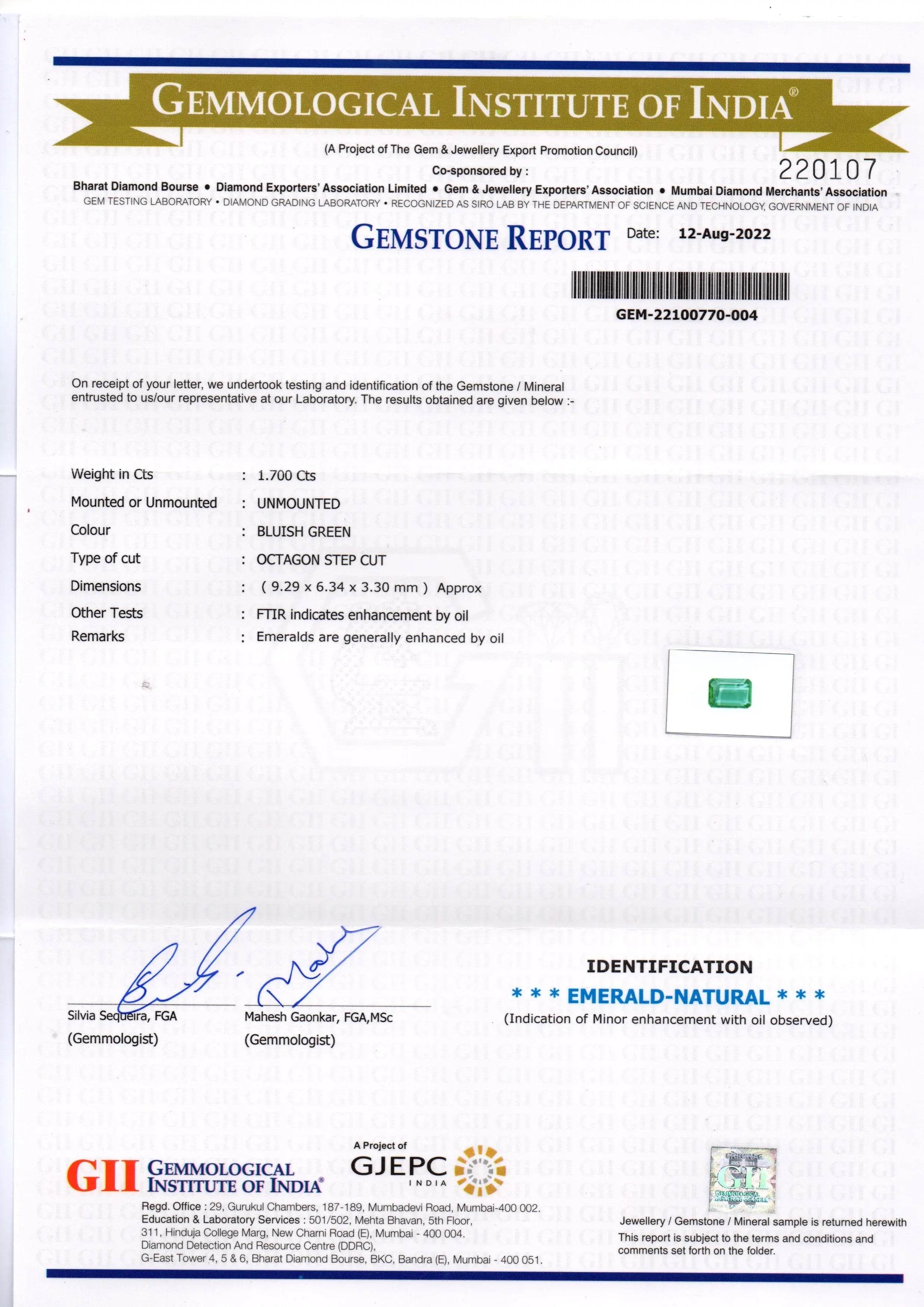 1.70 Ct Certified Untreated Natural Zambian Emerald Gemstone Panna