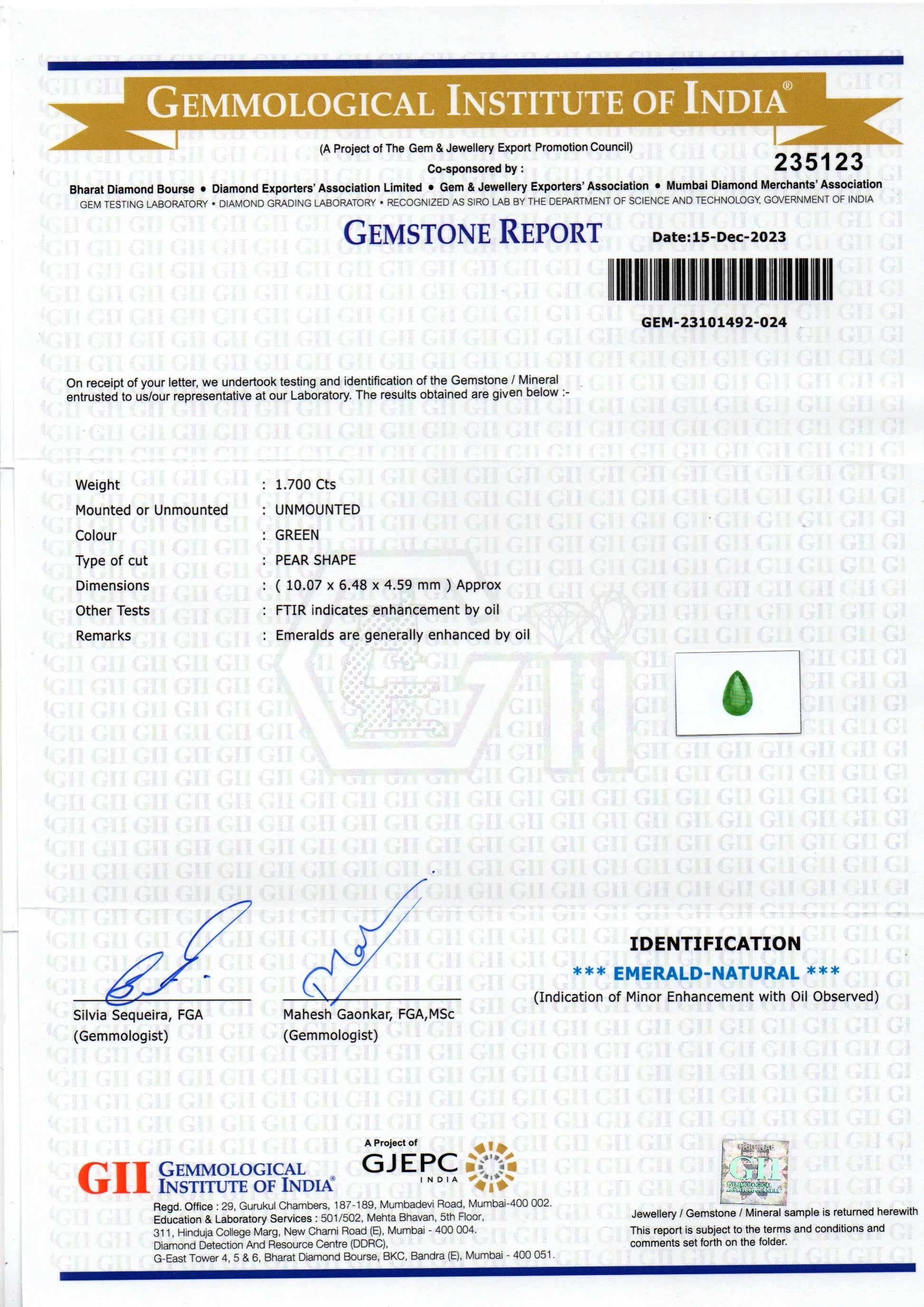1.70 Ct GII Certified Untreated Natural Zambian Emerald Panna AAA - Venus Gems