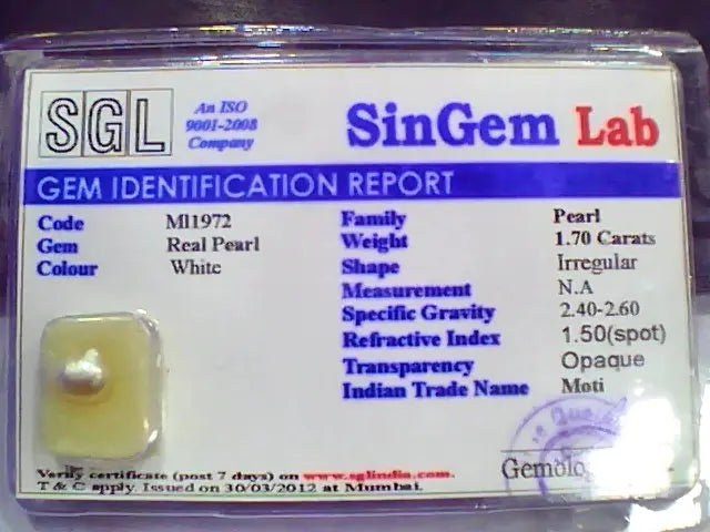 1.70 Ct 2.8 Ratti Certified Natural Venunjula Real Pearl/Real Moti