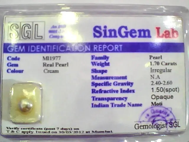 1.70 Ct 3 Ratti Certified Natural Venunjula Real Pearl/Real Moti