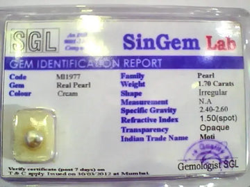 1.70 Ct 3 Ratti Certified Natural Venunjula Real Pearl/Real Moti