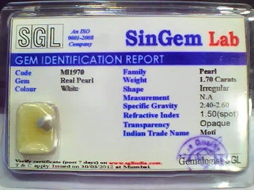 1.70 Ct 2.8 Ratti Certified Natural Venunjula Real Pearl/Real Moti