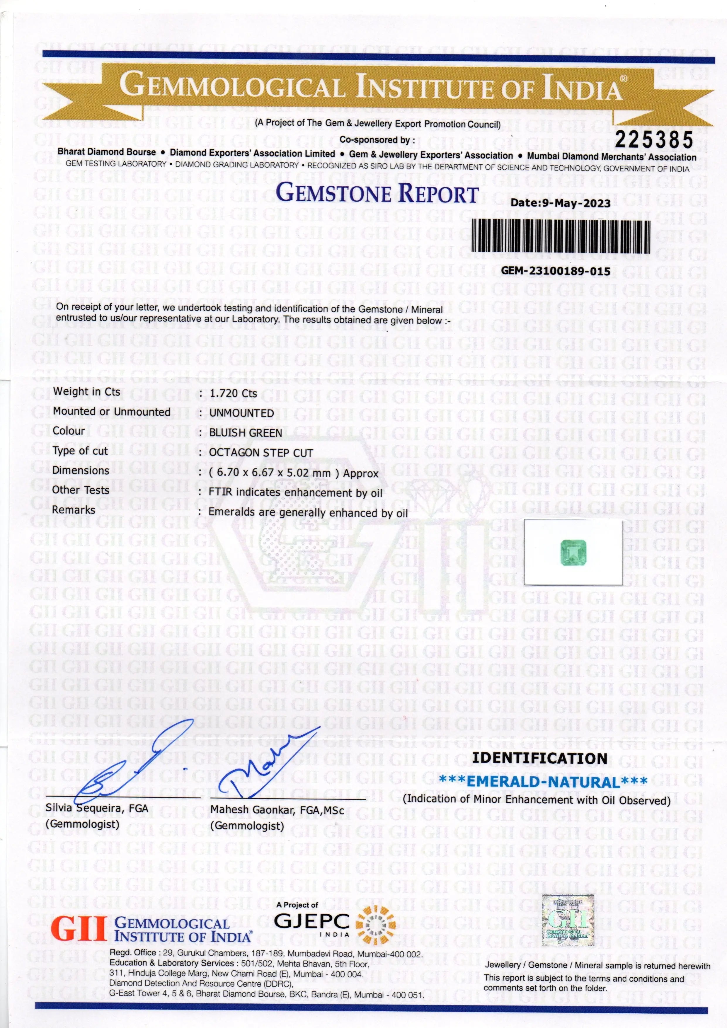 1.72 Ct GII Certified Untreated Natural Zambian Emerald Gemstone Panna