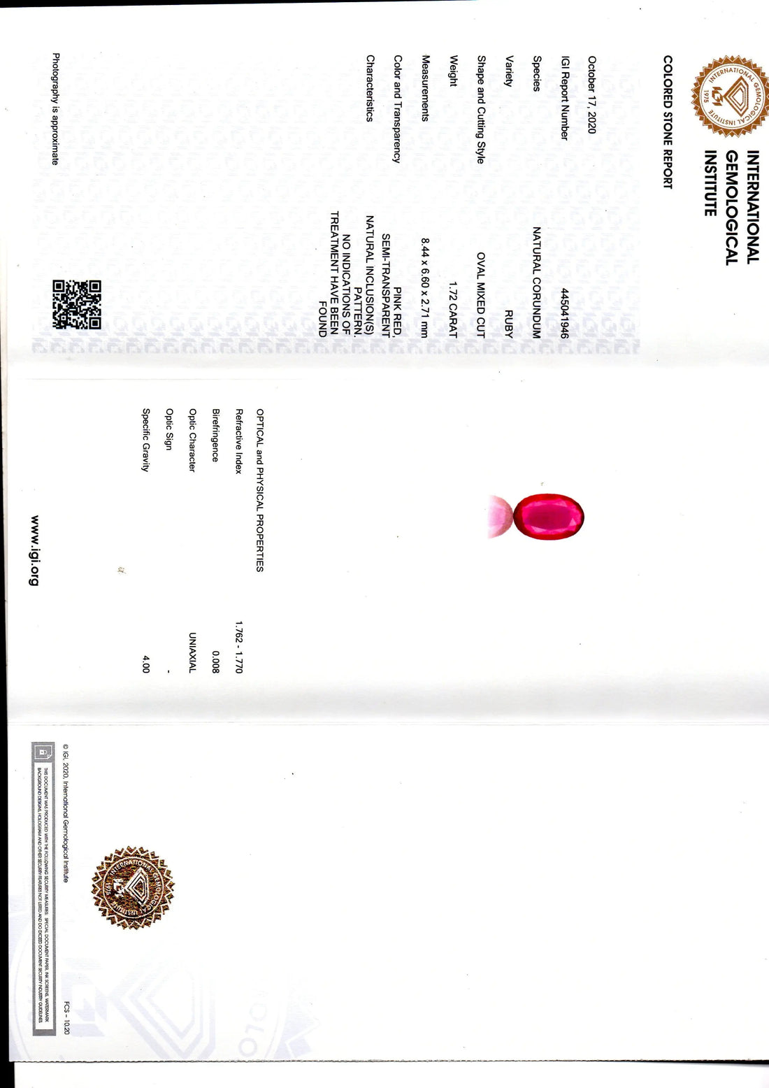 1.72 Ct IGI Certified Unheated Untreted Natural Mozambique Ruby AAAAA