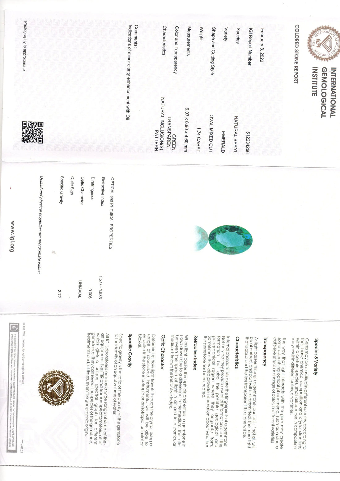 1.74 Ct IGI Certified Untreated Natural Zambian Emerald Gemstone AAA
