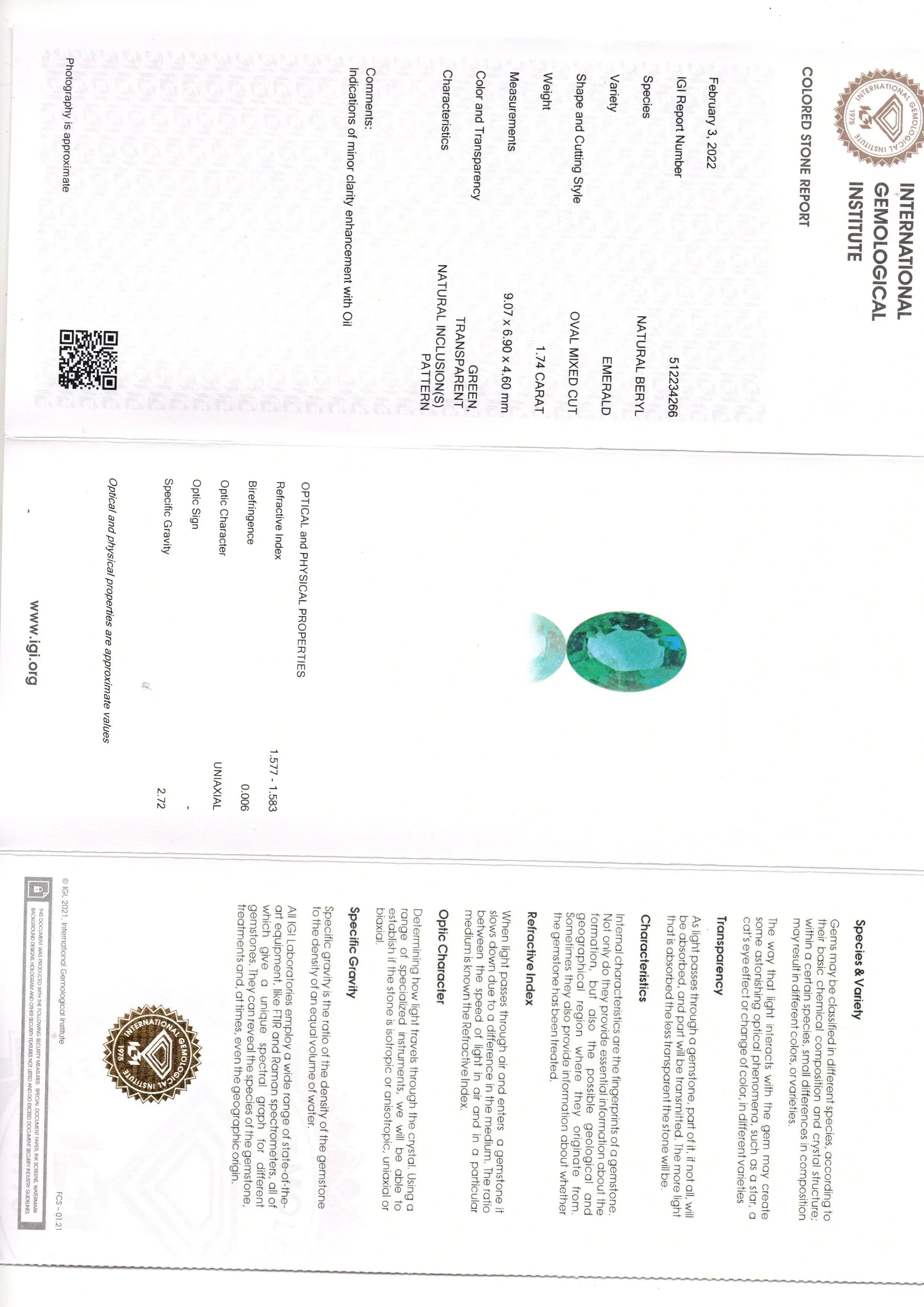 1.74 Ct IGI Certified Untreated Natural Zambian Emerald Gemstone AAA
