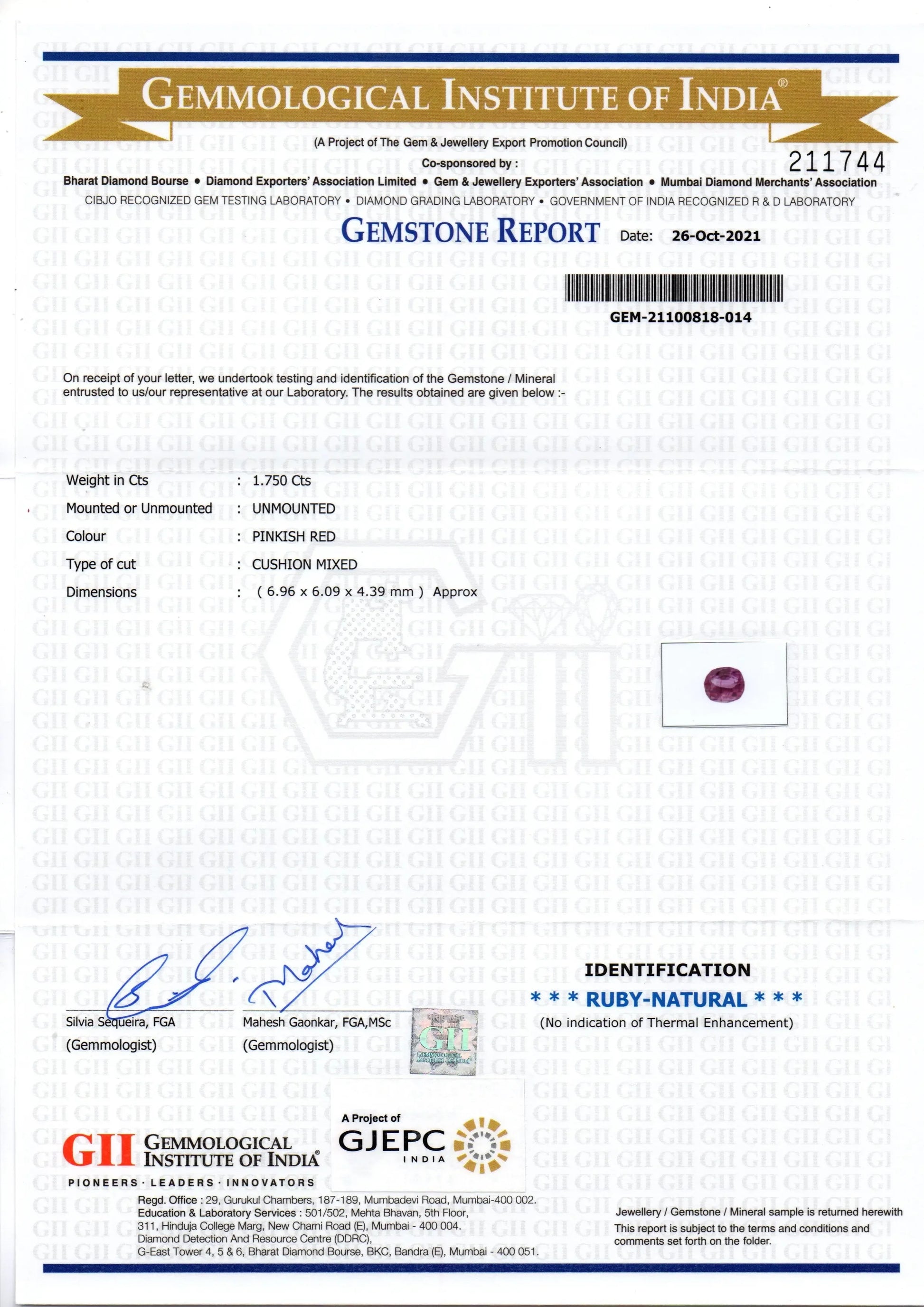 1.75 Ct GII Certified Unheated Untreted Natural Madagaskar Ruby Gems - Venus Gems