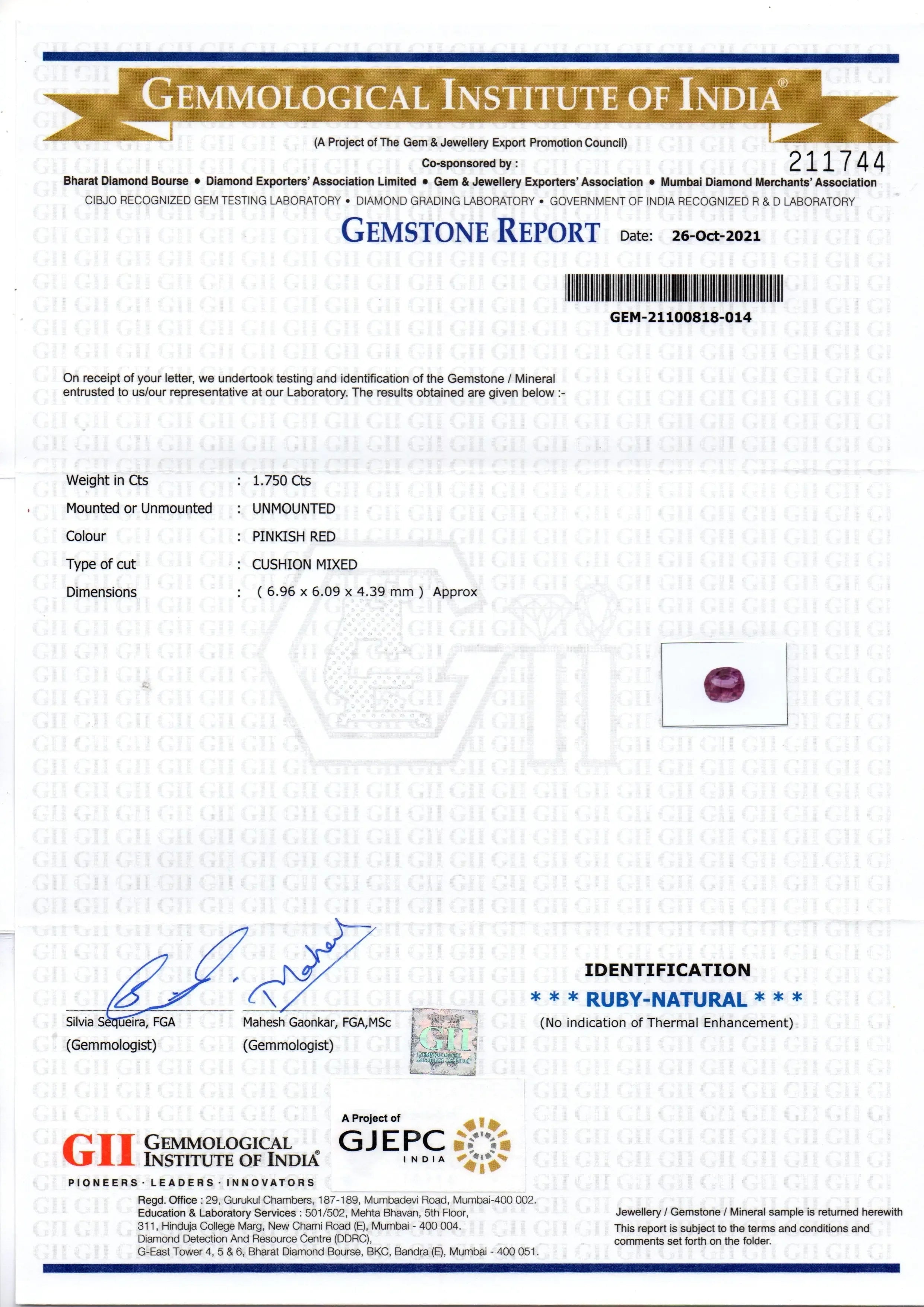 1.75 Ct GII Certified Unheated Untreted Natural Madagaskar Ruby Gems - Venus Gems
