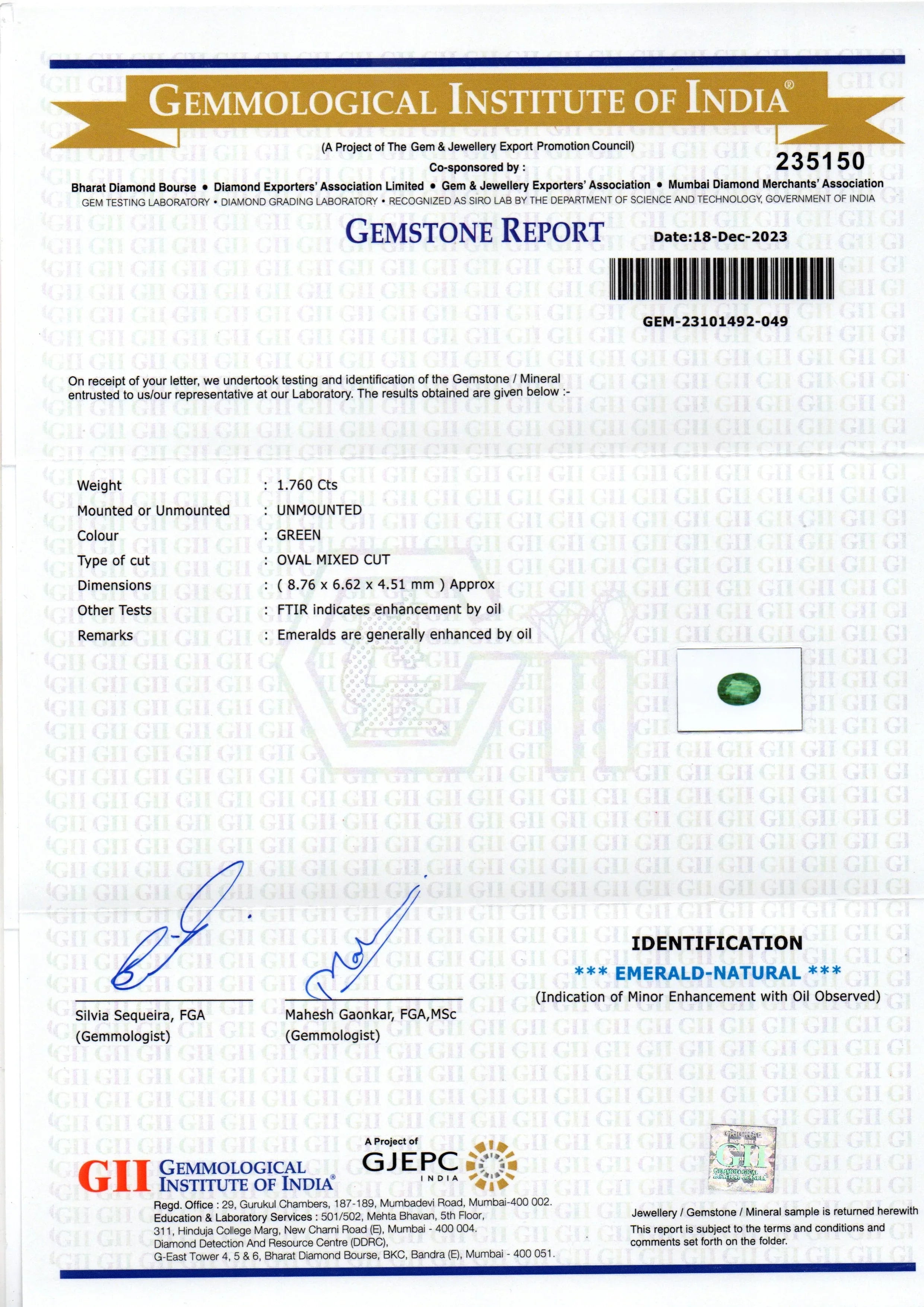 1.76 Ct GII Certified Untreated Natural Zambian Emerald Panna AAAA - Venus Gems