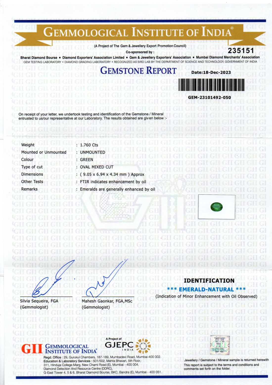 1.76 Ct GII Certified Untreated Natural Zambian Emerald Panna AAA - Venus Gems
