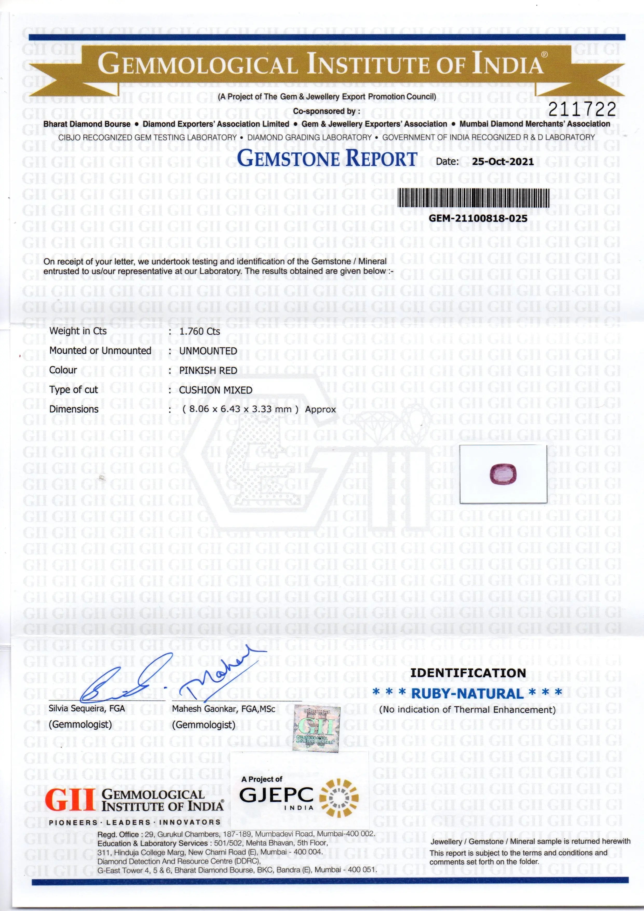 1.76 Ct GII Certified Unheated Untreted Natural Madagaskar Ruby Gems