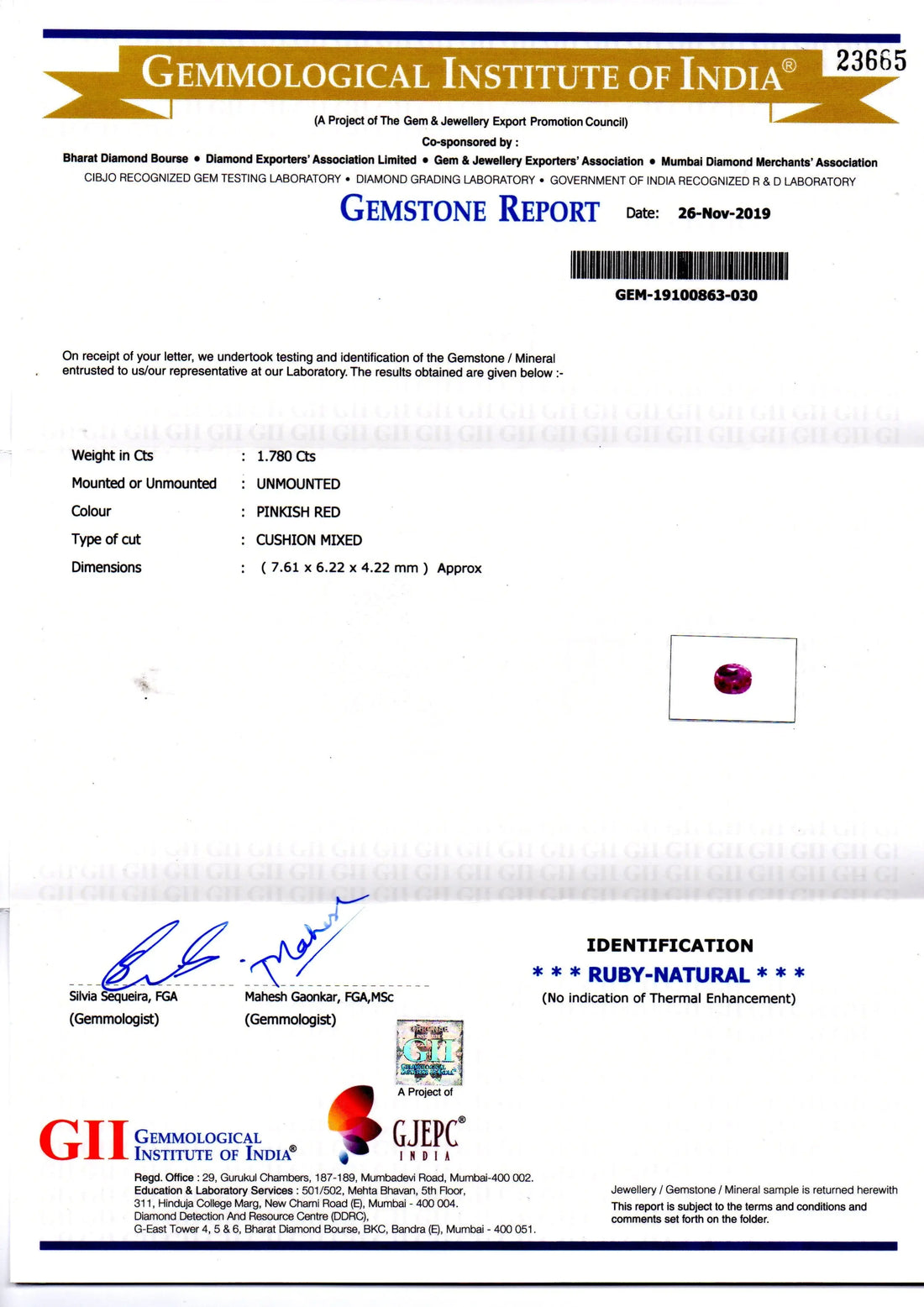 1.78 Ct GII Certified Unheated Untreated Natural Madagaskar Ruby