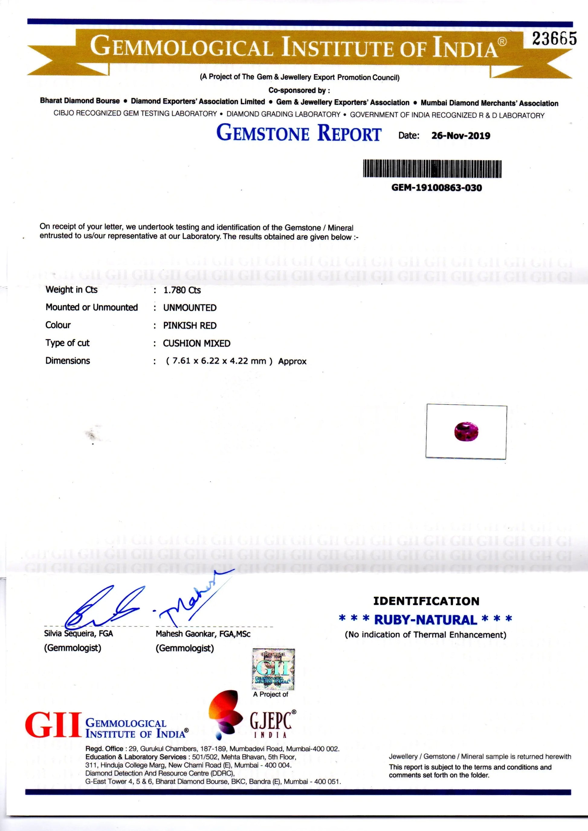 1.78 Ct GII Certified Unheated Untreated Natural Madagaskar Ruby