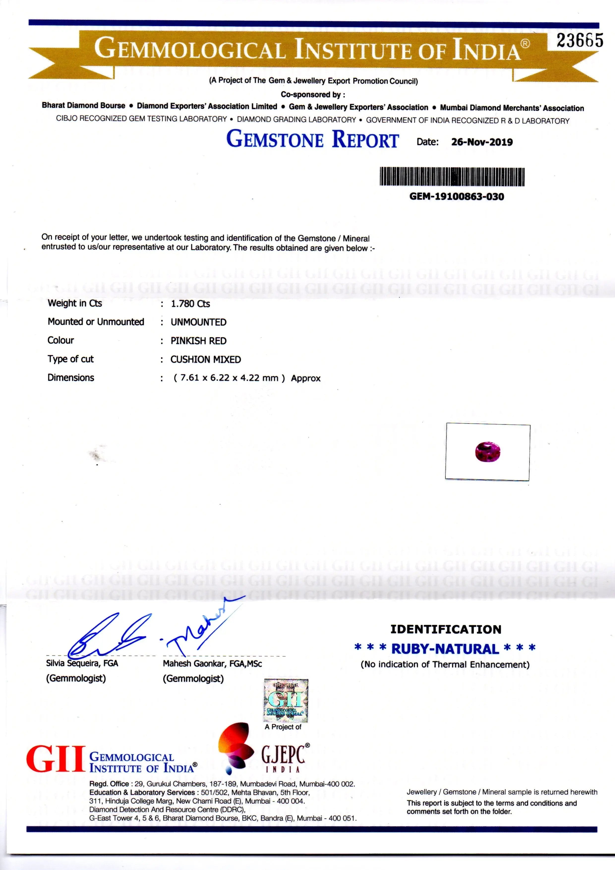 1.78 Ct GII Certified Unheated Untreated Natural Madagaskar Ruby