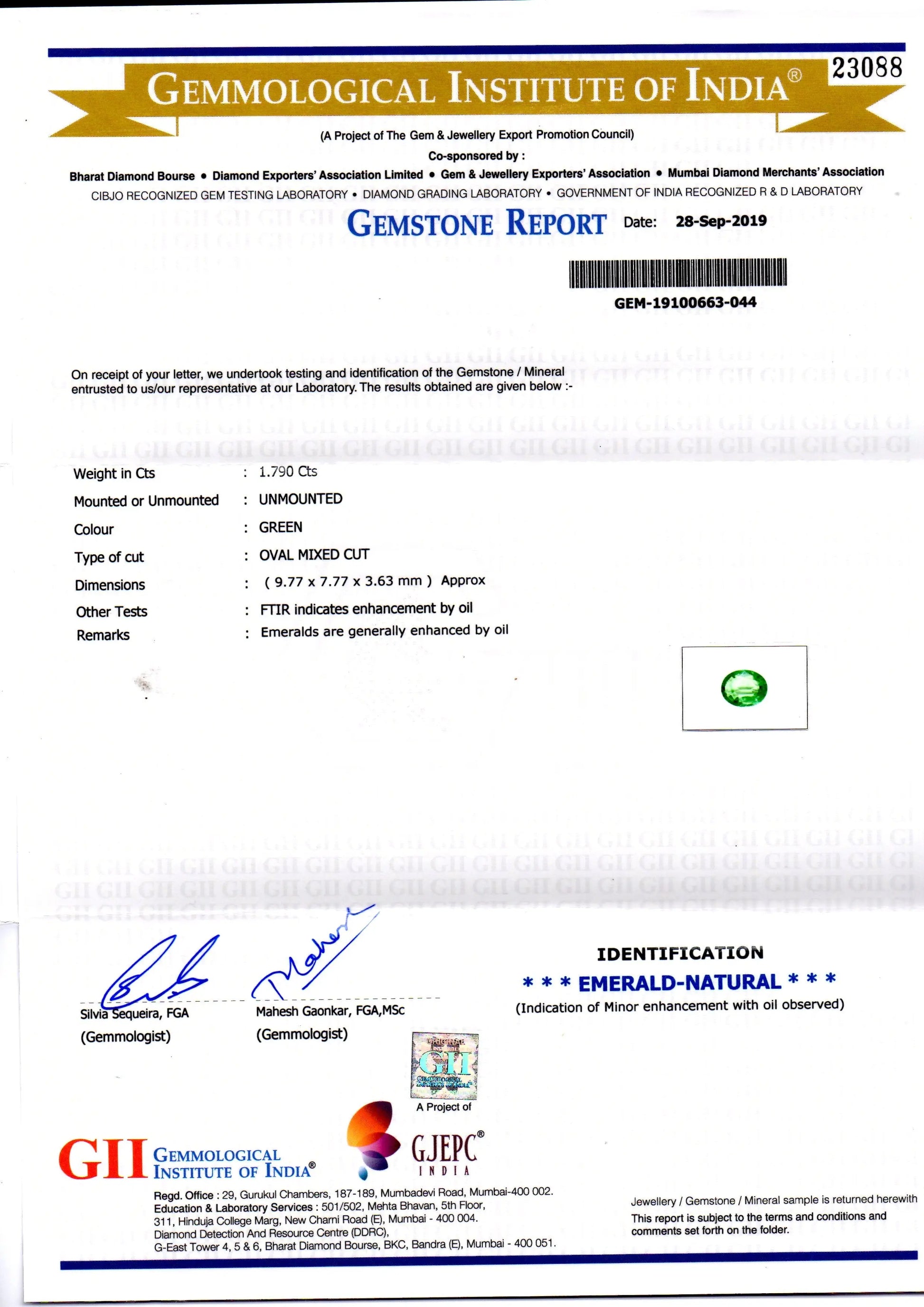 1.79 Ct GII Certified Untreated Natural Zambian Emerald Gemstone AAAAA