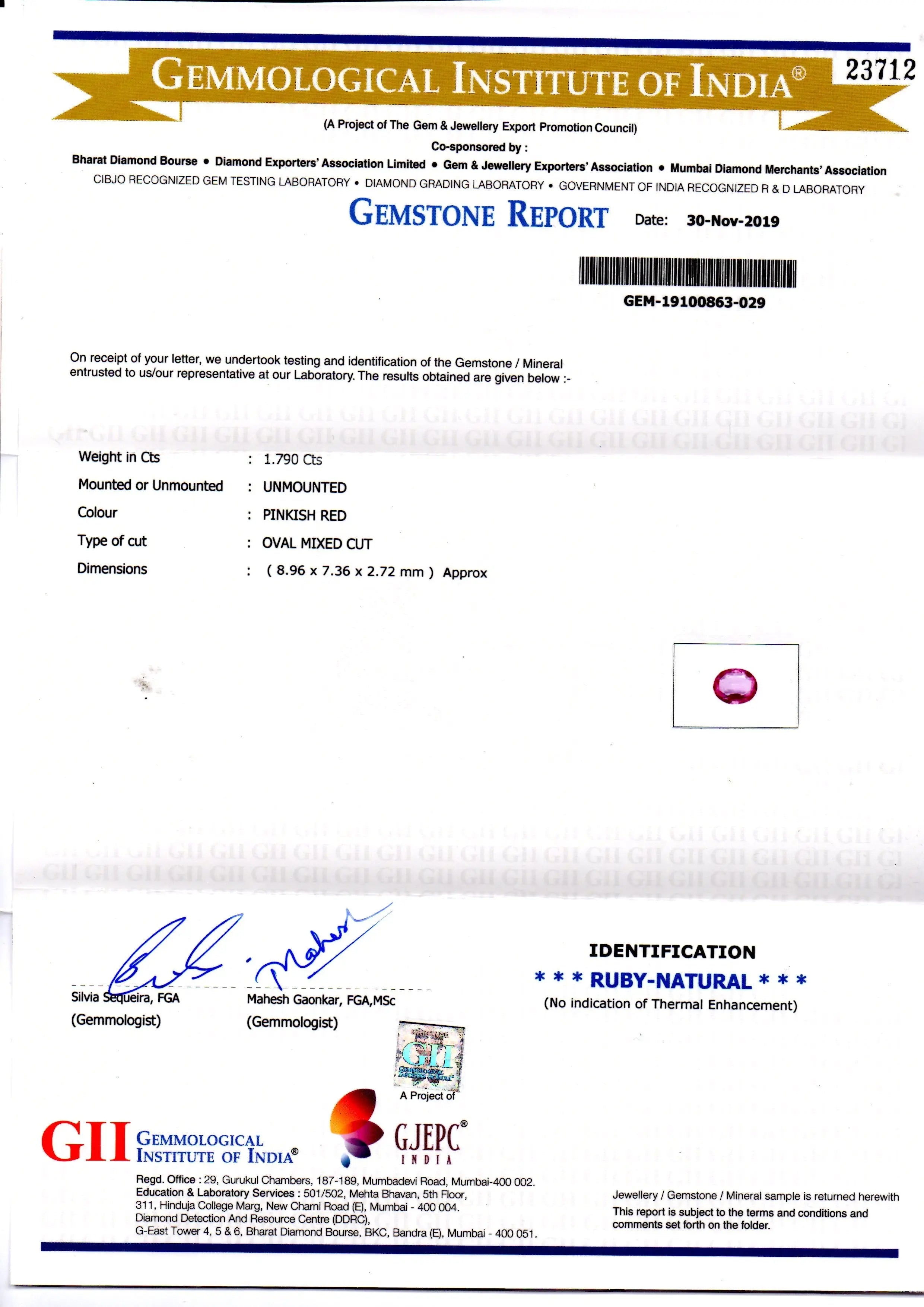 1.79 Ct GII Certified Unheated Untreated Natural Madagaskar Ruby