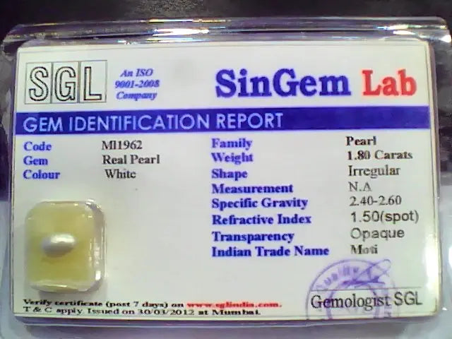 1.80 Ct 3 Ratti Certified Natural Venunjula Real Pearl/Real Moti