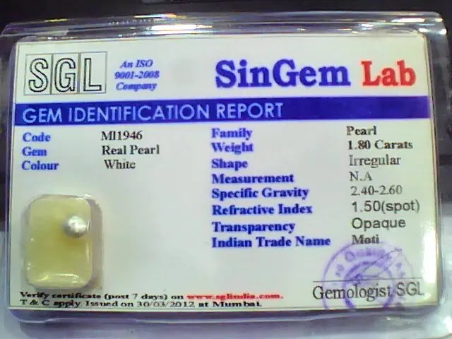 1.80 Ct 3 Ratti Certified Natural Venunjula Real Pearl/Real Moti